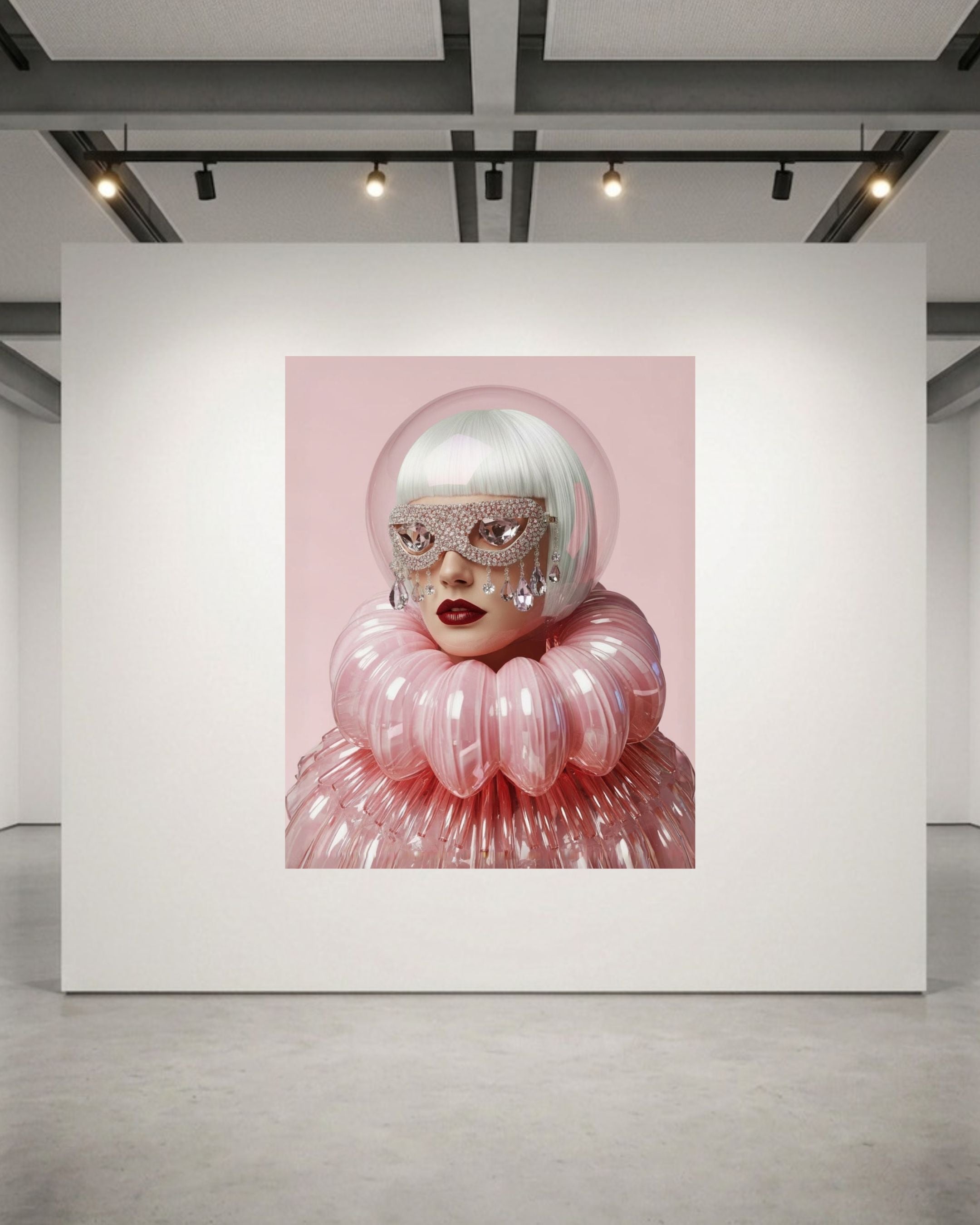 A large artwork displayed on a white gallery wall, featuring a stylized portrait of a woman with white hair, glittery mask, and voluminous pink ruffled glass clothing against a pink background. 