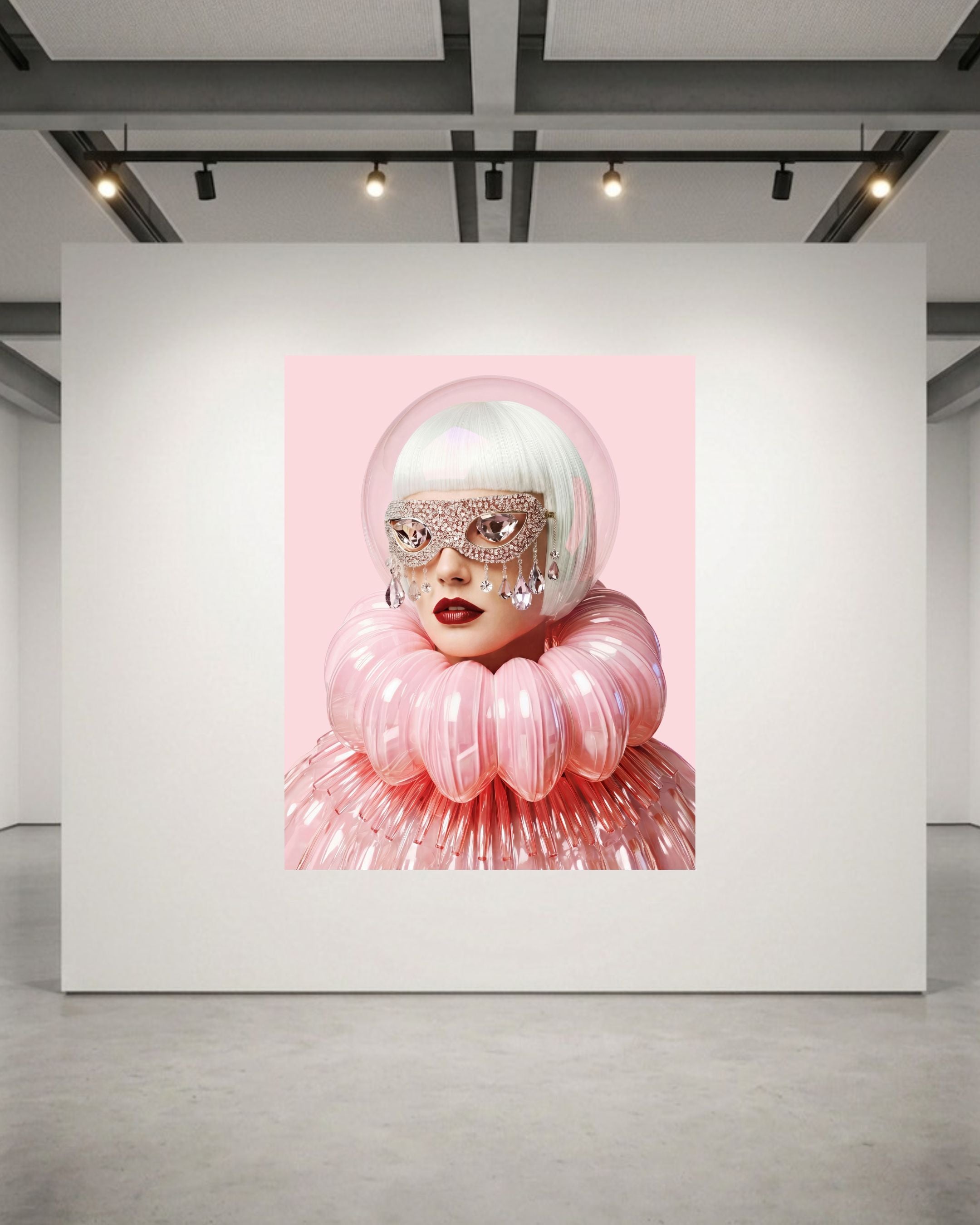 A large artwork displayed on a white gallery wall, featuring a stylized portrait of a woman with white hair, glittery mask, and voluminous pink ruffled glass clothing against a pink background. 