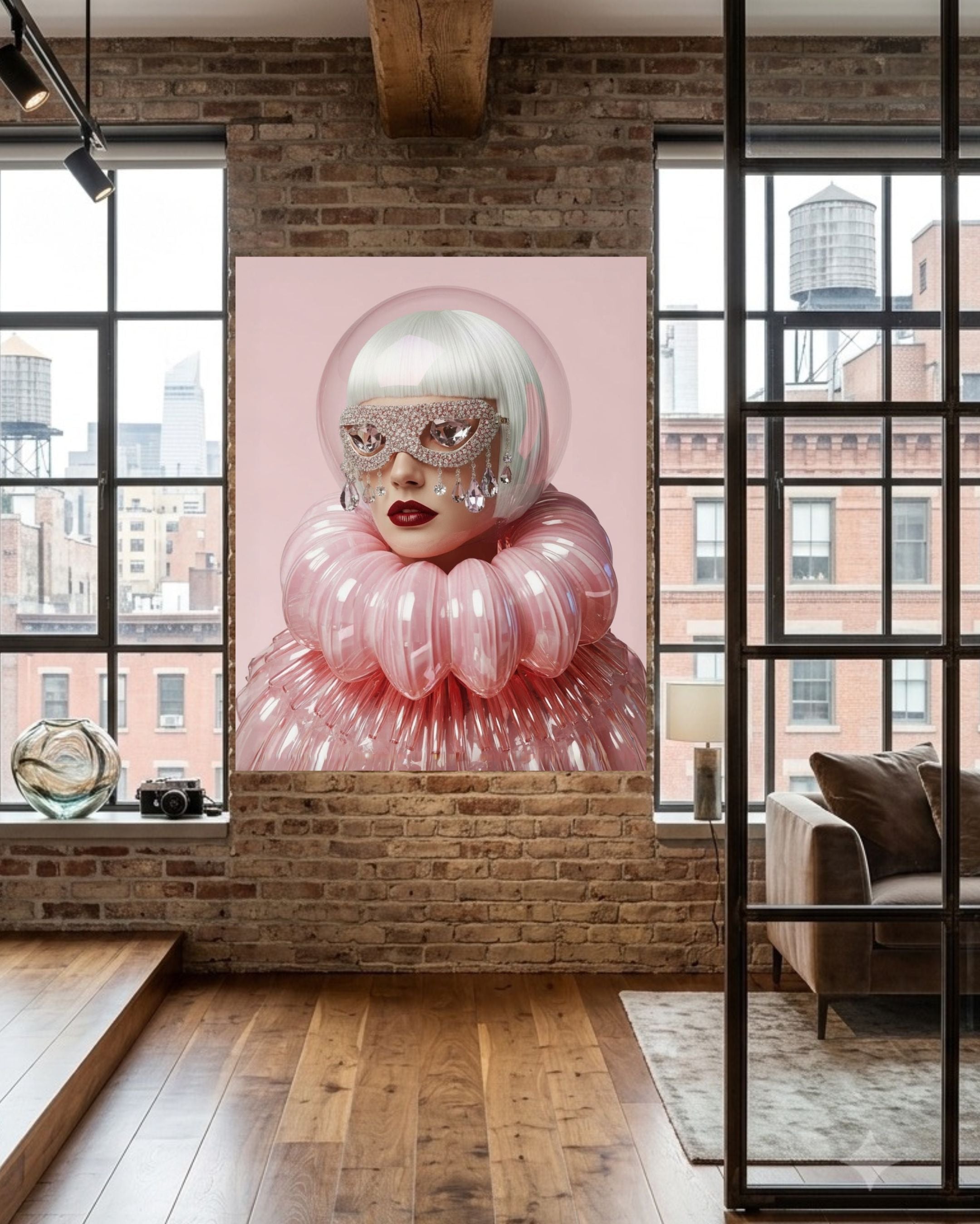 A large vertical wall art featuring a stylized portrait of a woman with a pink bubble helmet and voluminous pink ruffled clothing, displayed on a brick wall in a modern loft room with wood floors and large windows.
