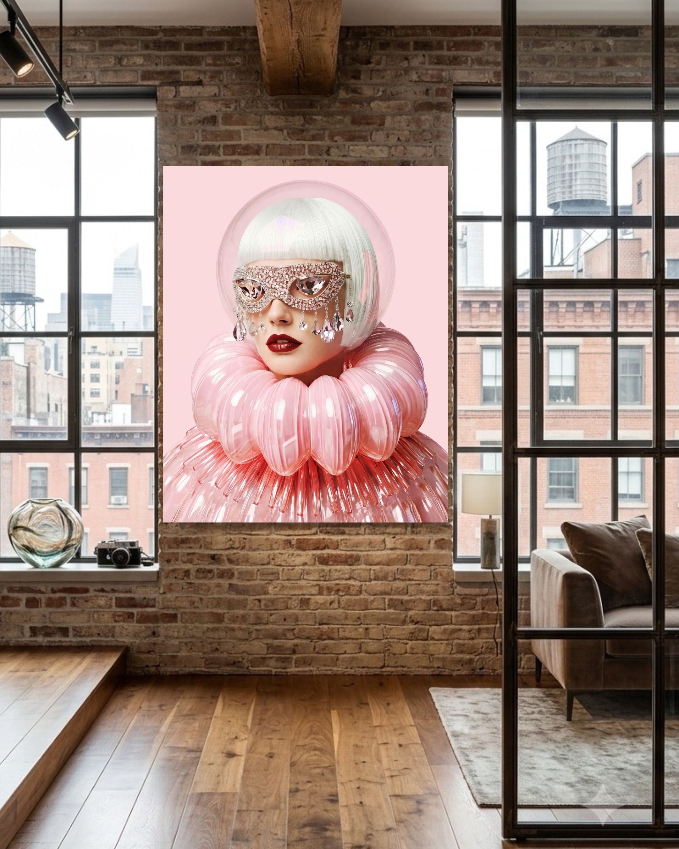 A large vertical wall art featuring a stylized portrait of a woman with a pink bubble helmet and voluminous pink ruffled clothing, displayed on a brick wall in a modern loft room with wood floors and large windows.