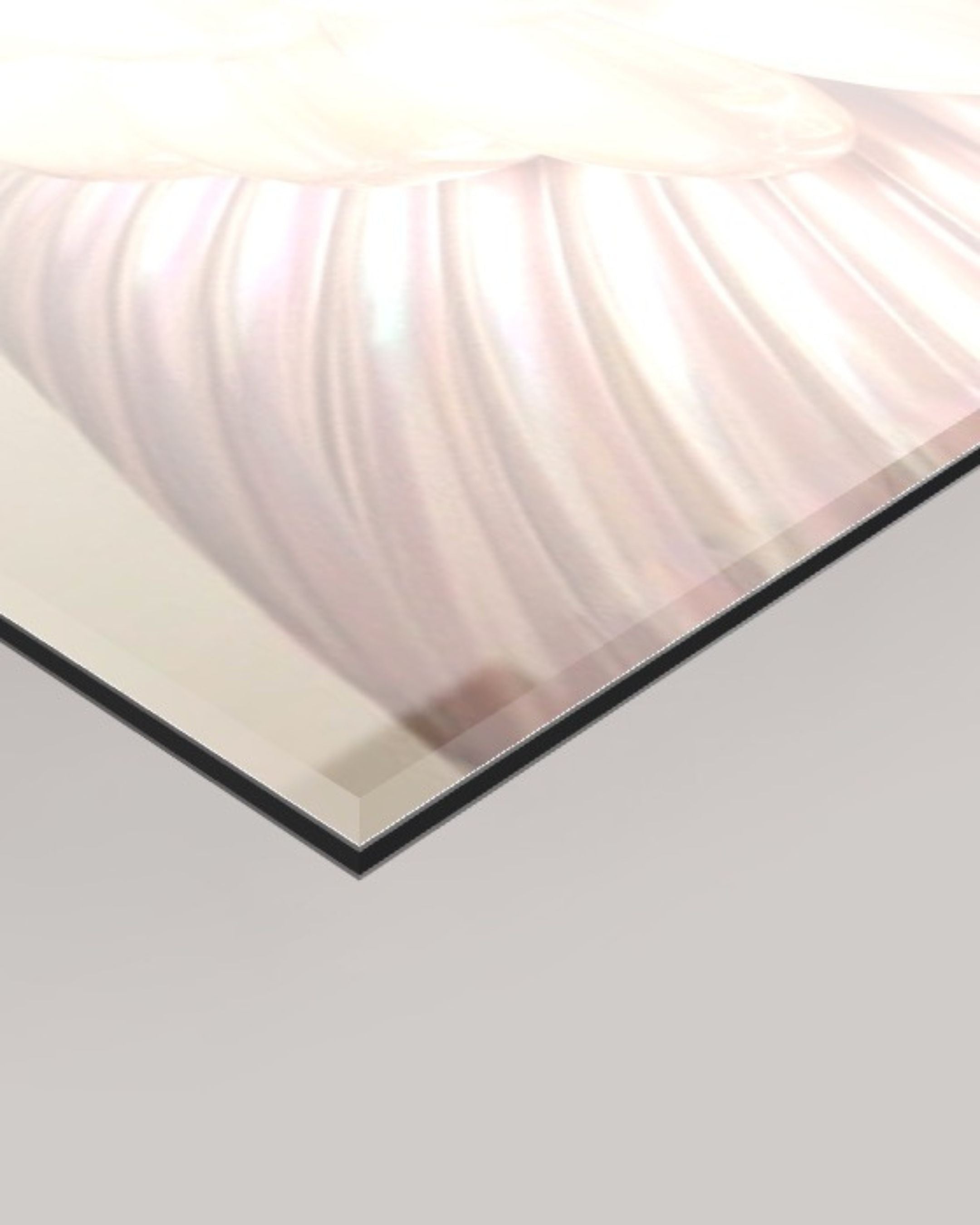 A close-up of a 4mm glossy rectangular panel with a black edge, reflecting MizDragonfly's Enigmatic artwork against a light grey background.
