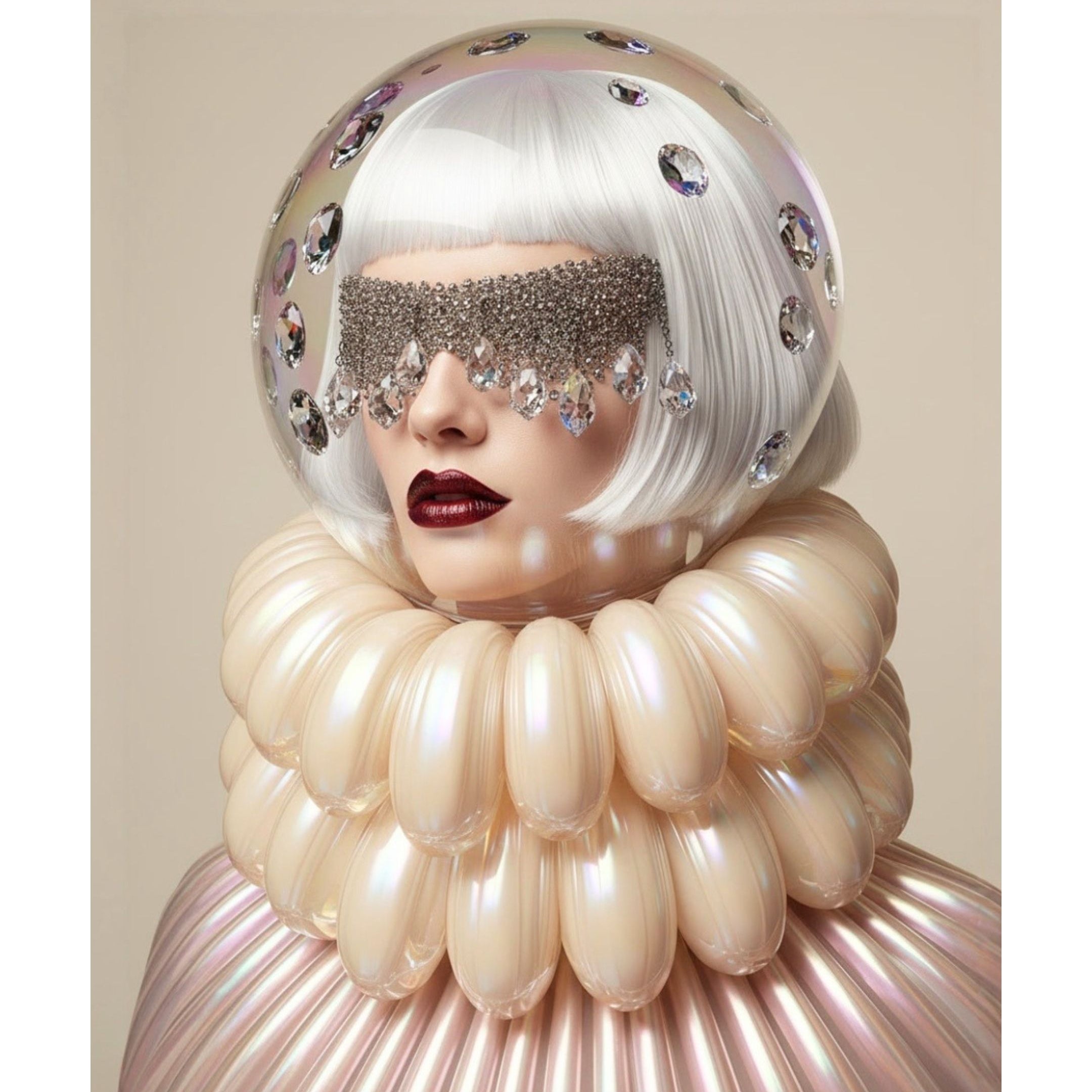 A stylized portrait of a person with a glossy white bob haircut, a large champagne pearl-like glass ruff collar, a clear bubble headpiece with diamonds, and a silver rhinestone blindfold with crystal tears, against a warm beige background. 