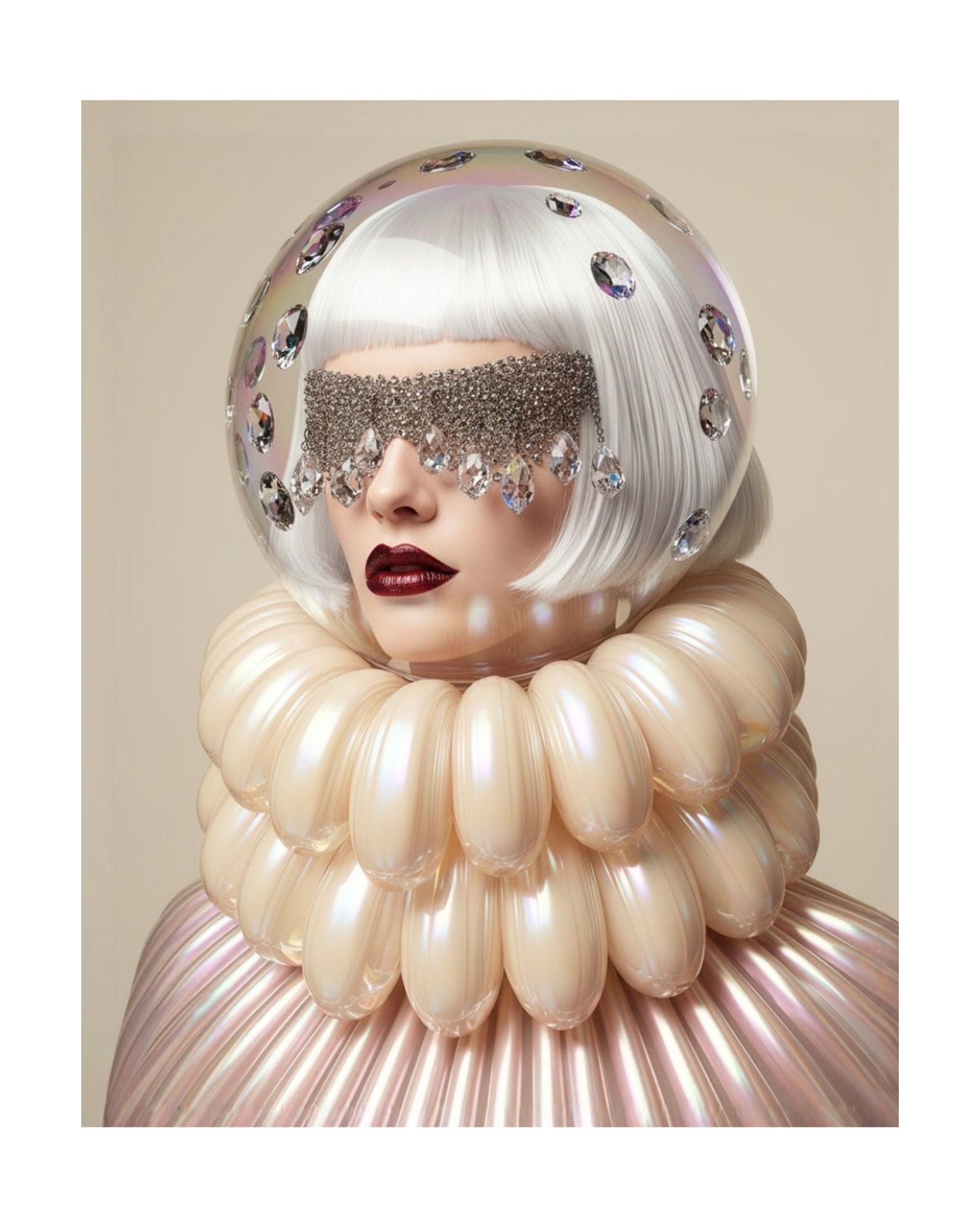 A stylized portrait of a person with a glossy white bob haircut, a large champagne pearl-like glass ruff collar, a clear bubble headpiece with diamonds, and a silver rhinestone blindfold with crystal tears, against a warm beige background. 