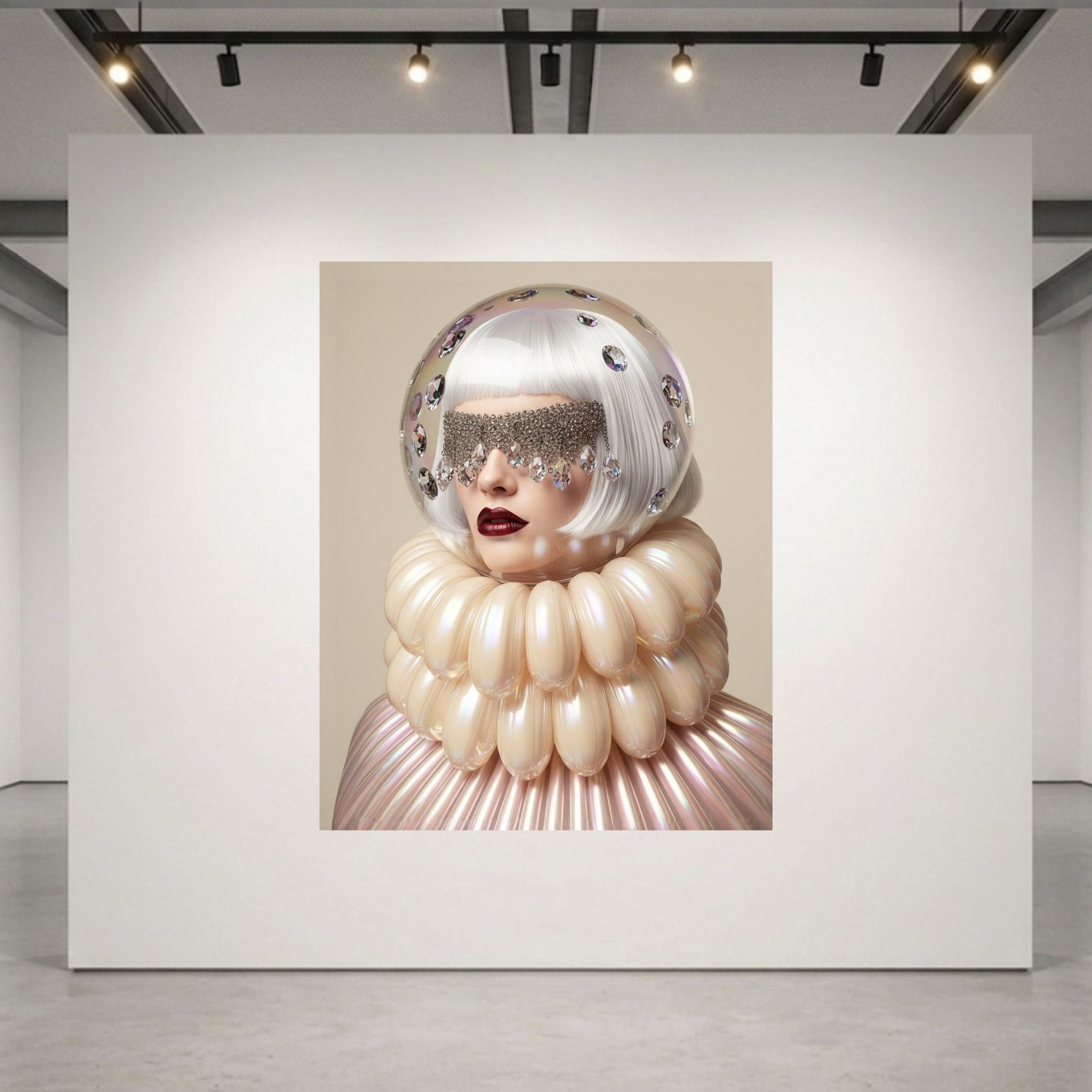 A surreal museum-grade artwork displayed on a large white wall in a gallery. The work features a woman with a clear glass dome helmet, a large cream-colored balloon-like glass collar, and red lips set against a beige background.