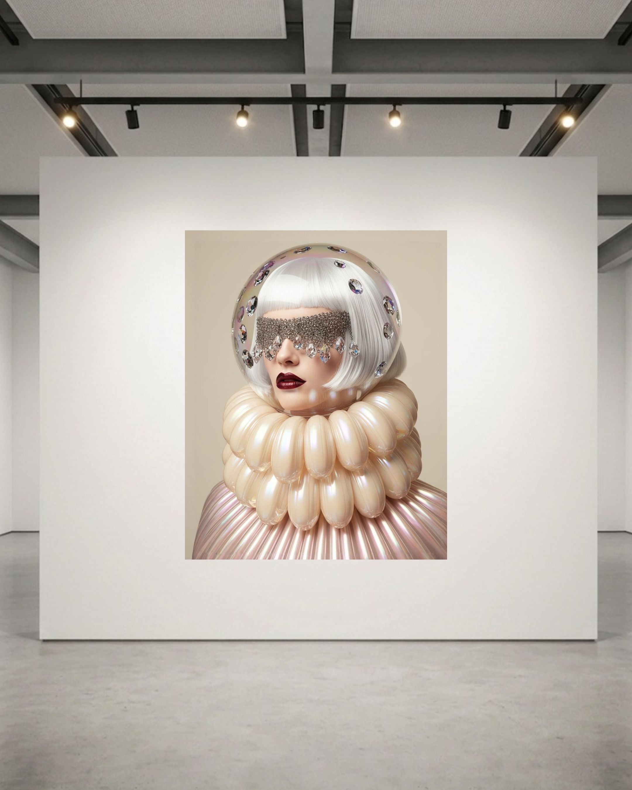 A surreal museum-grade artwork displayed on a large white wall in a gallery. The work features a woman with a clear glass dome helmet, a large cream-colored balloon-like glass collar, and red lips set against a beige background.