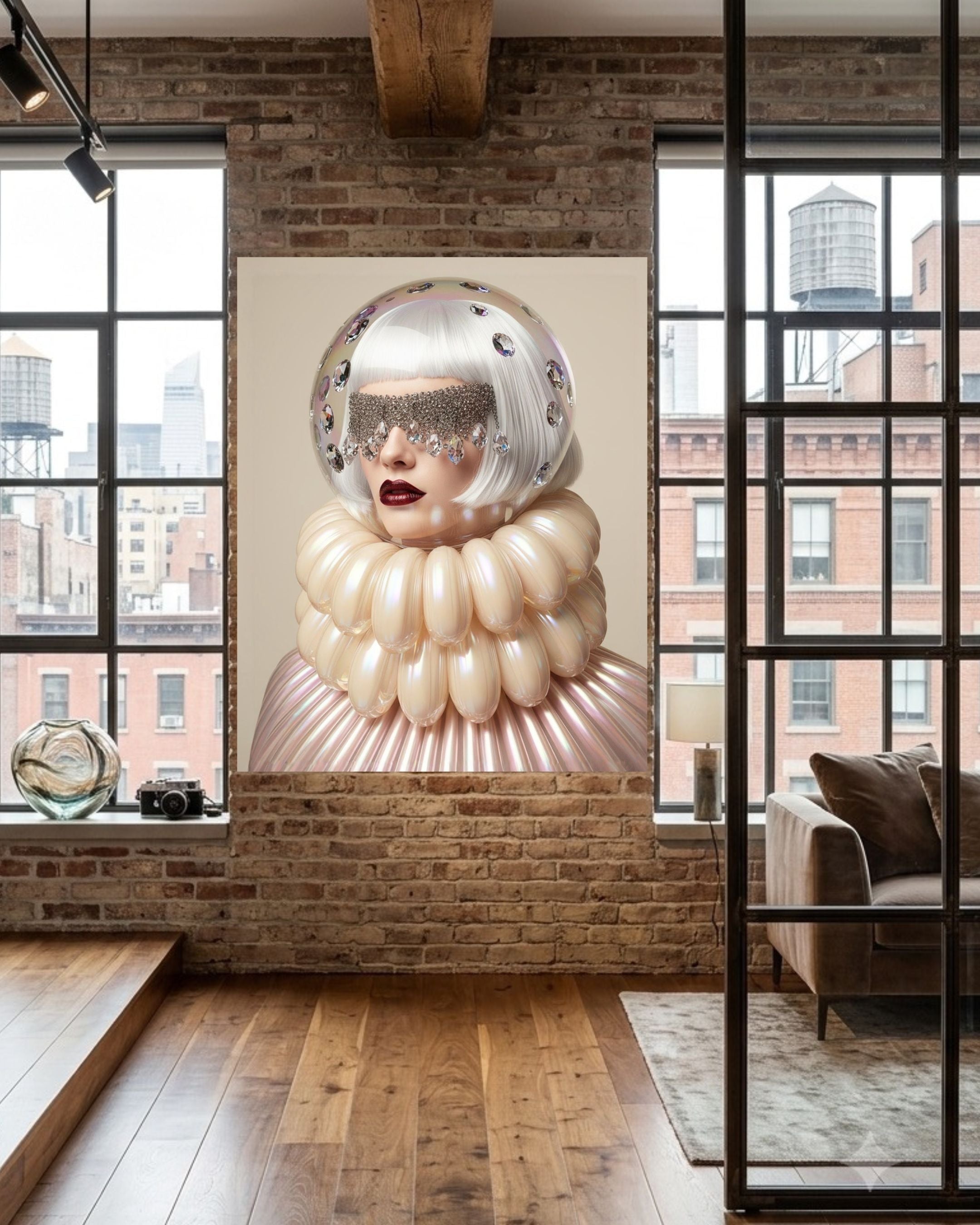 A large framed wall art hangs on a brick wall in a loft-style room with wood floors and large windows. The artwork depicts a surreal portrait of a woman wearing a reflective clear space helmet and a voluminous cream ruffled collar against a pale background. 