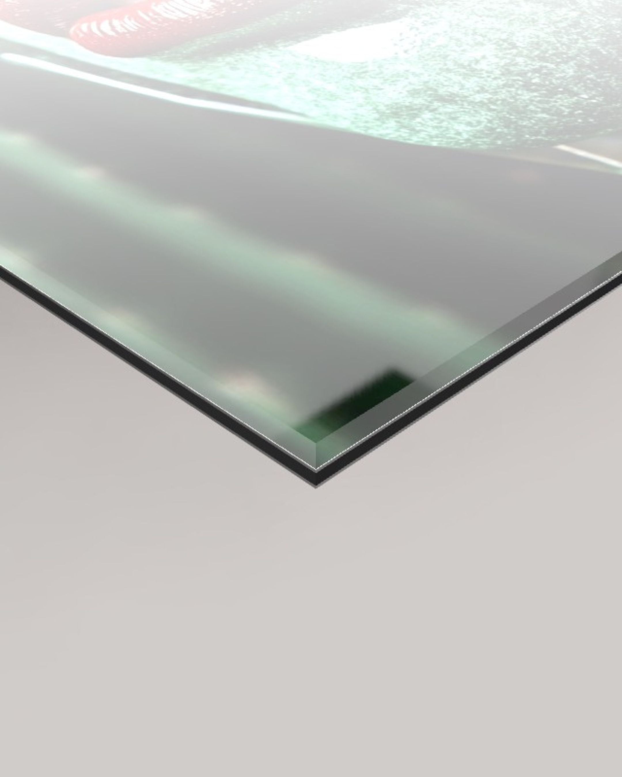 A close-up of a 4mm transparent glass panel with a frosted surface featuring details of MizDragonfly's surreal Evian artwork.