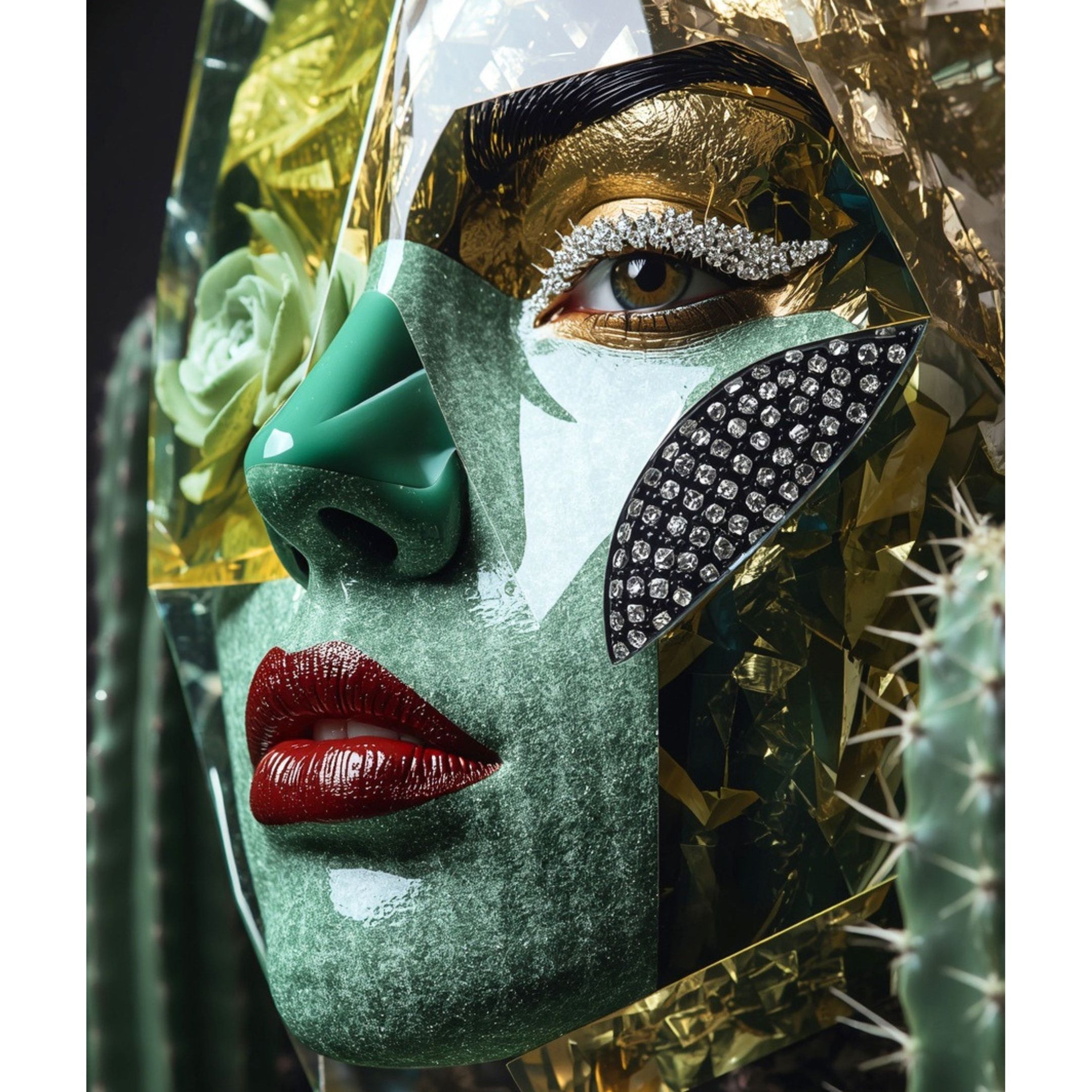 A close-up portrait of a face wearing a textured green face stone mask, with red lips, a jeweled black cheek patch, gold leaf, cactus plants, and a clear plastic overlay on a white page background. Surreal Evian artwork by MizDragonfly.