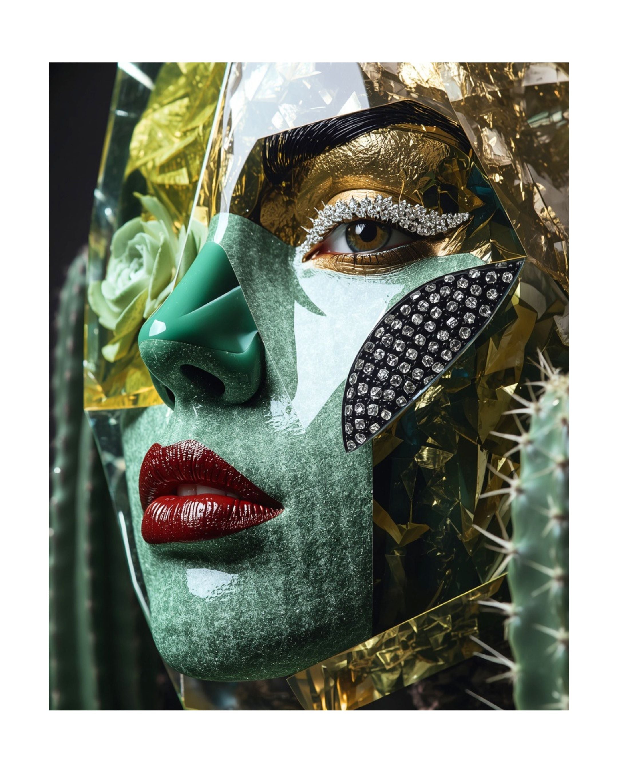 A close-up portrait of a face wearing a textured green face stone mask, with red lips, a jeweled black cheek patch, gold leaf, cactus plants, and a clear plastic overlay on a white page background. Surreal Evian artwork by MizDragonfly.