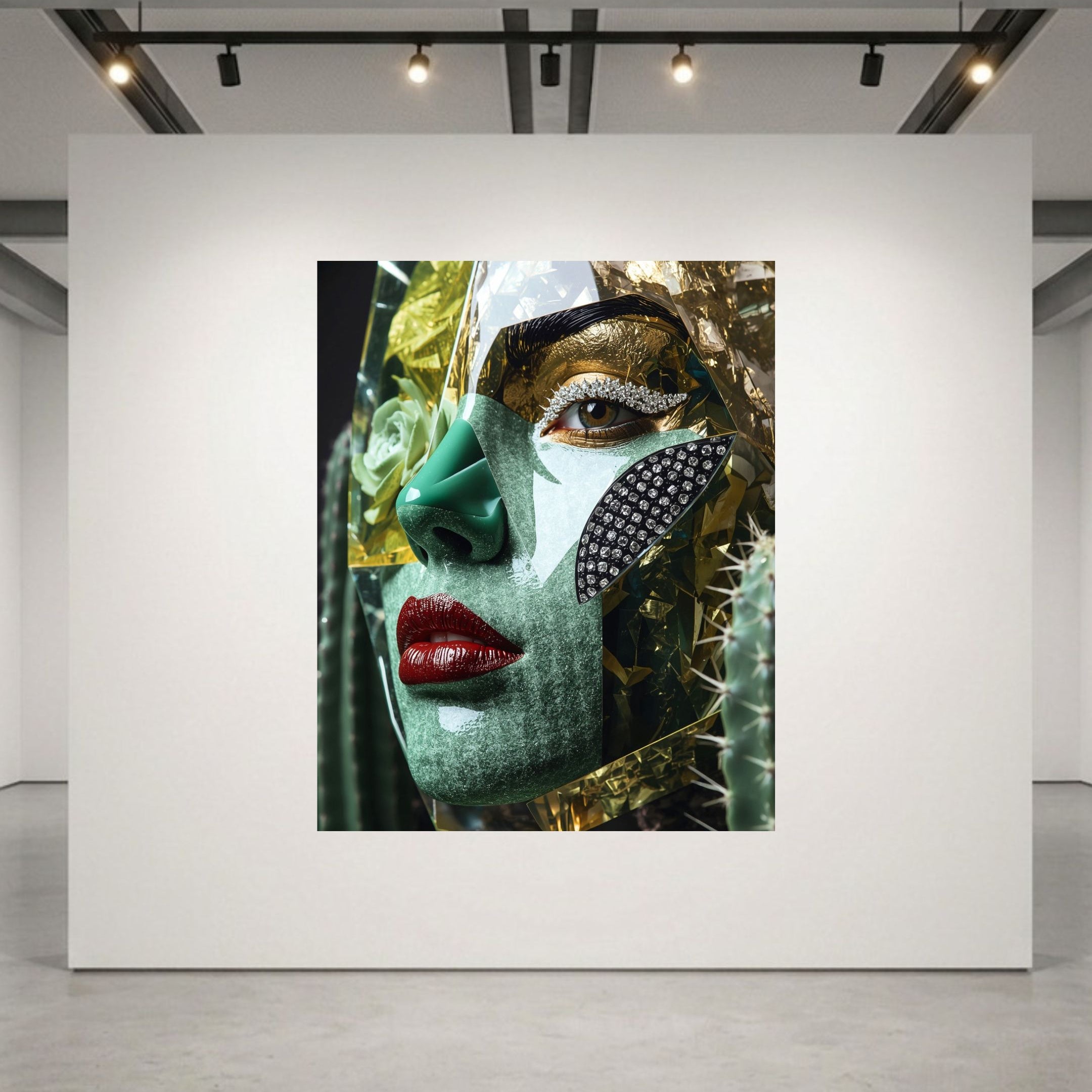 A large square art print depicting a stylized close-up portrait of a woman's face with green and gold textures, red lips, and black diamond cheek detail, displayed on a white gallery wall in a modern gallery space with track lighting. 