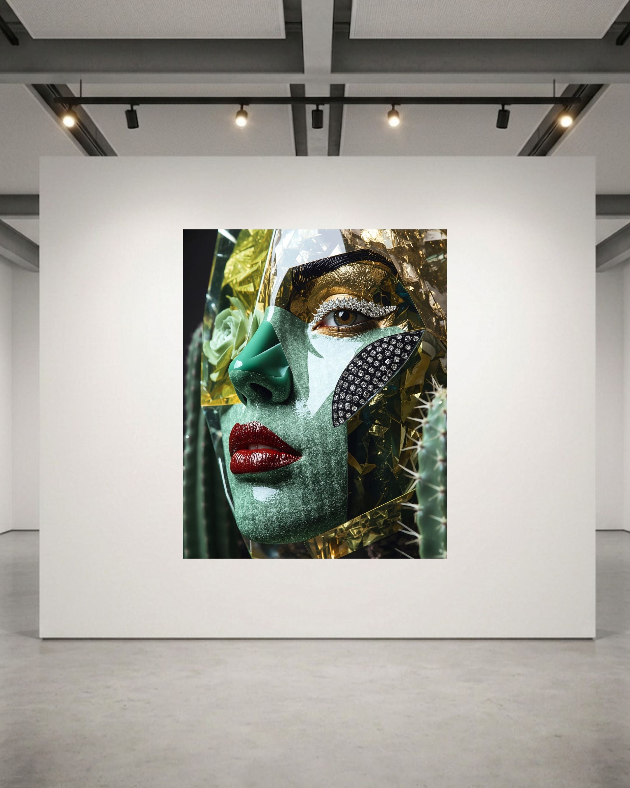 A large square art print depicting a stylized close-up portrait of a woman's face with green and gold textures, red lips, and black diamond cheek detail, displayed on a white gallery wall in a modern gallery space with track lighting. 