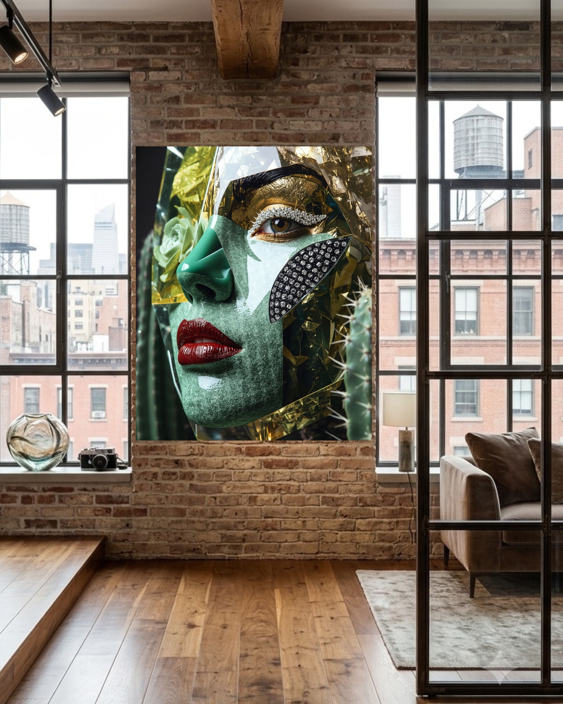 A large wall surreal artwork featuring a stylized close-up portrait of a woman's face with green, gold, and black mask-like elements and red lips, displayed on a brick wall in a modern loft interior with windows and wood flooring.