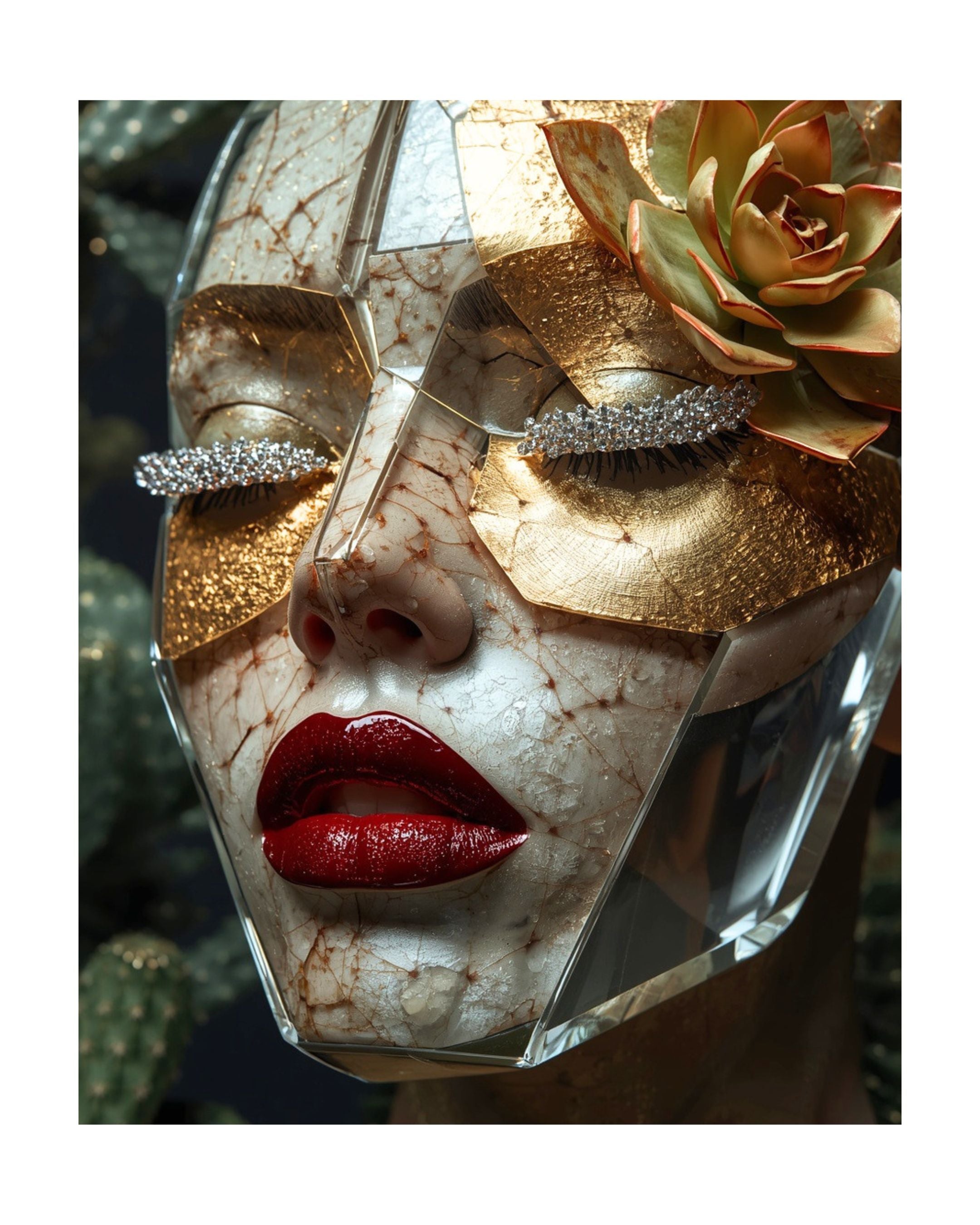 A close-up of a sculptural face mask with a cracked skin-like texture, red glossy lips, glittery diamond eyelashes, and a gold succulent flower on the side, set against a cacti background. 