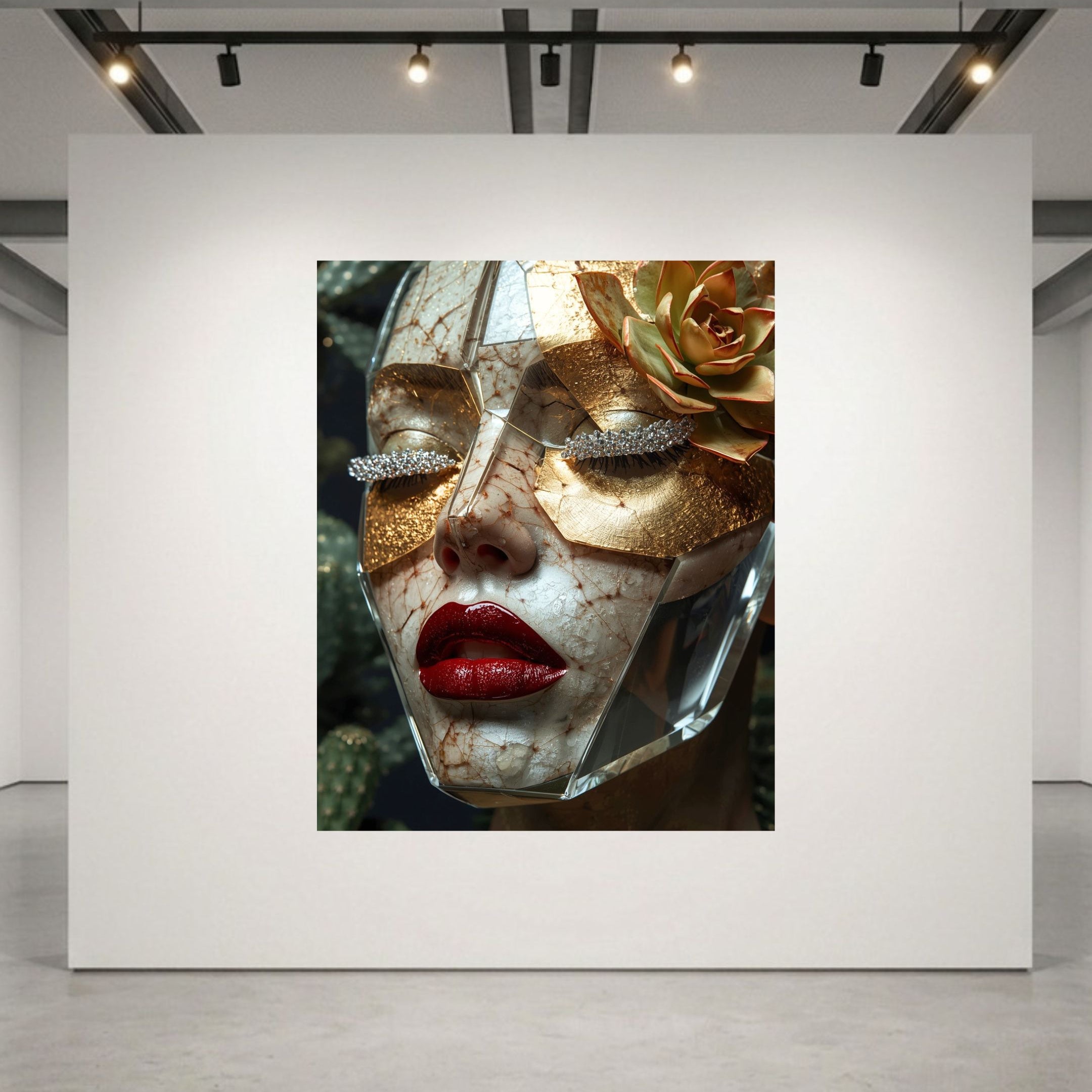 A large framed art print displayed on a large white gallery wall in a modern space. The artwork shows a close-up portrait of a woman's face wearing gold leaf eye patches, gold flower accent and silver diamond eyelashes, plus vivid red lips.