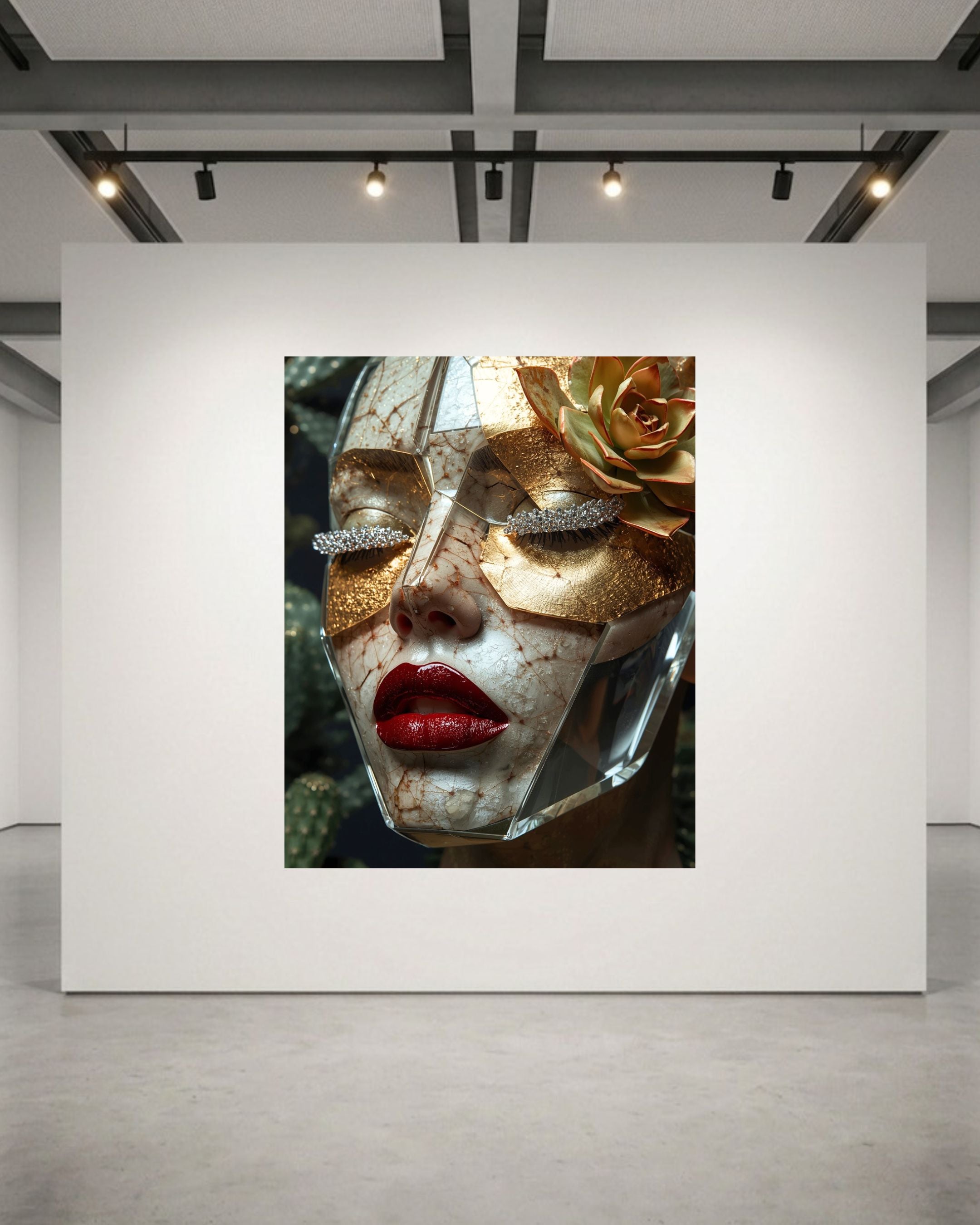 A large framed art print displayed on a large white gallery wall in a modern space. The artwork shows a close-up portrait of a woman's face wearing gold leaf eye patches, gold flower accent and silver diamond eyelashes, plus vivid red lips.