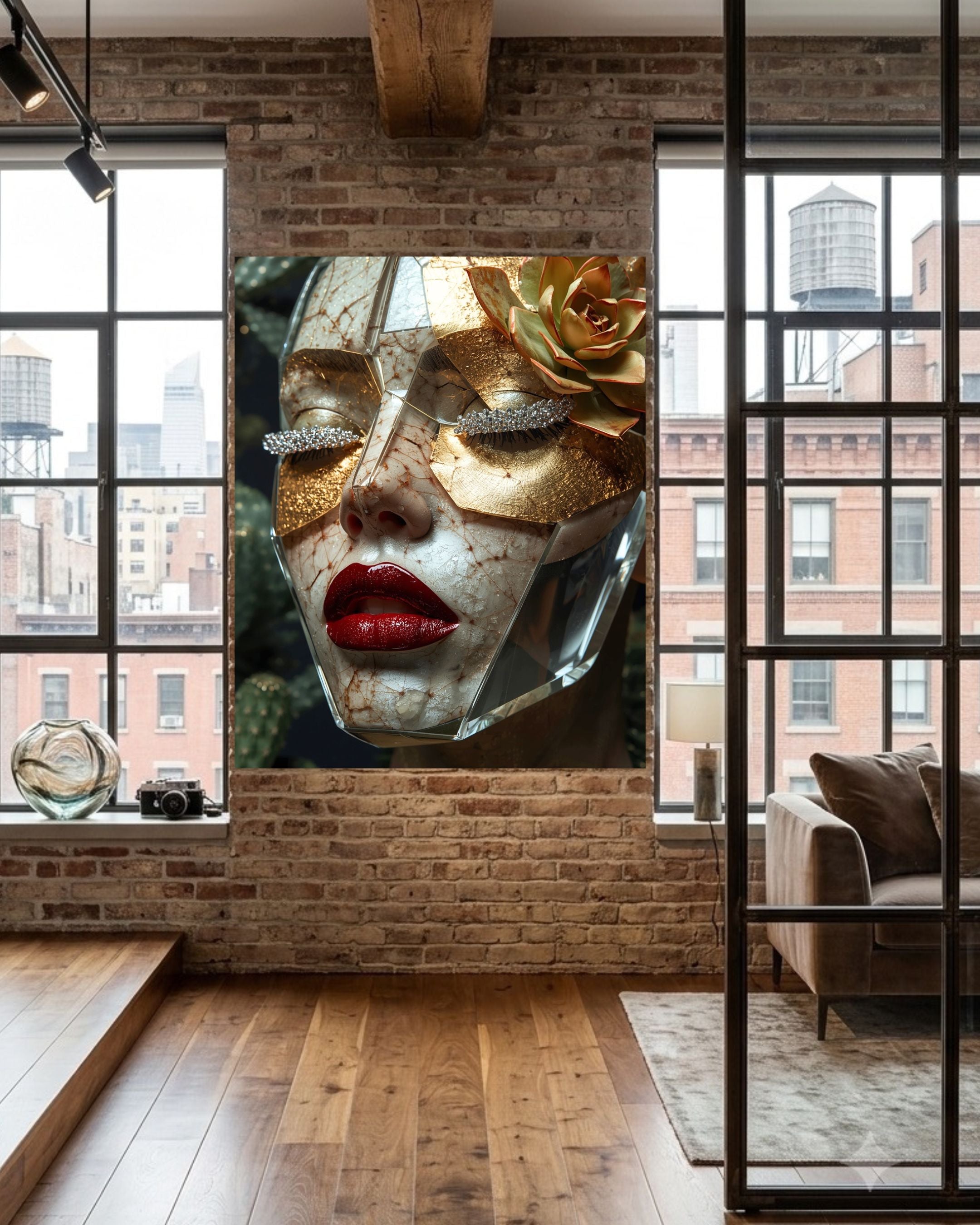 A large wall artwork featuring a close-up of a face in a metallic gold mask with red lips and a gold rose, displayed on a brick wall in a modern loft-style room with wood floors and windows.