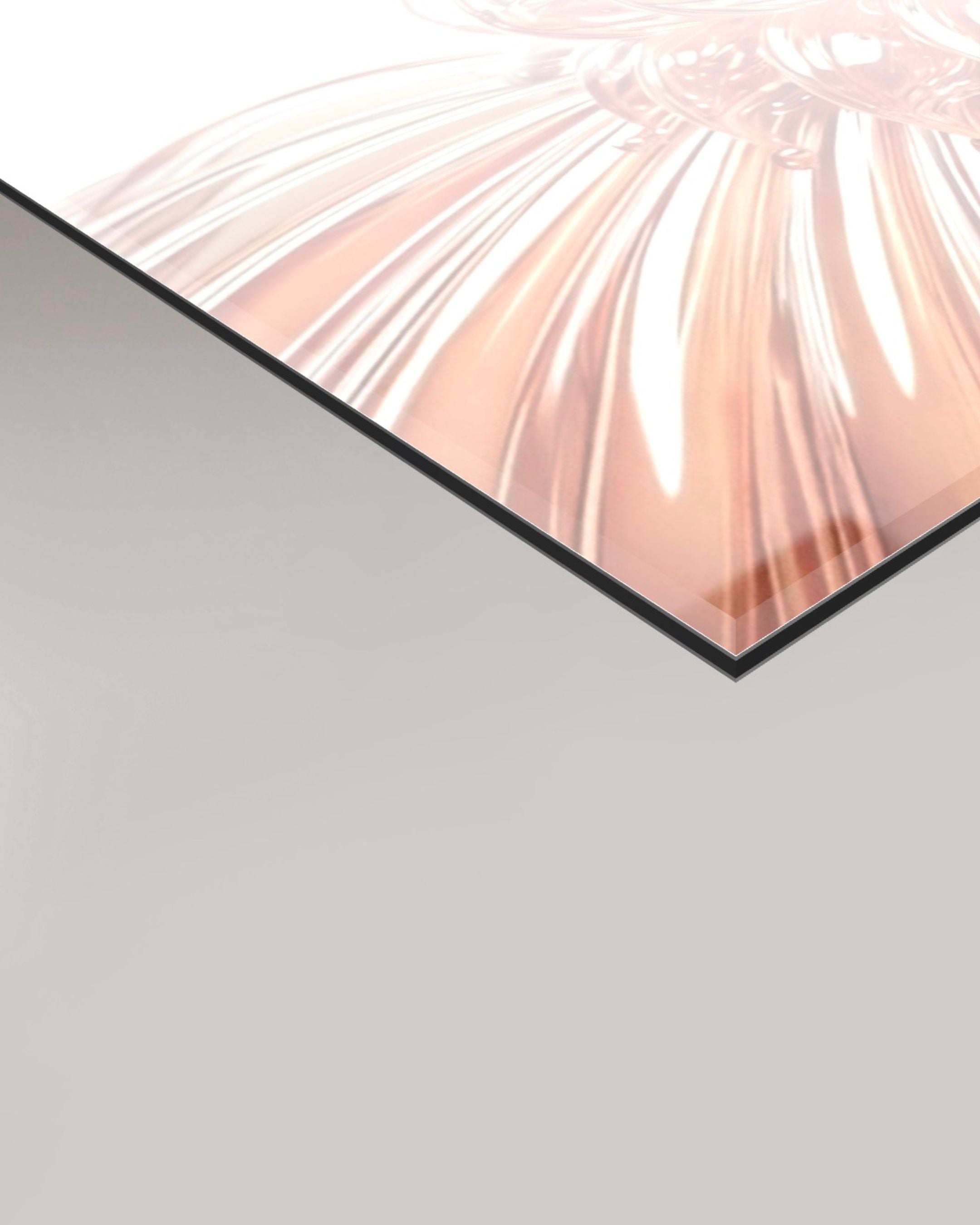 A close-up of the glossy transparent Hypnotic panel showing a warm pinkish-orange iridescent sheen under light, set against a solid light gray background.