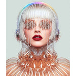 A stylized portrait artwork of a woman with a silver-white bob haircut, rainbow-colored beaded headband, rhinestone eye masks, red lipstick, and a metallic rose-gold ribbed top against a pale gray background.