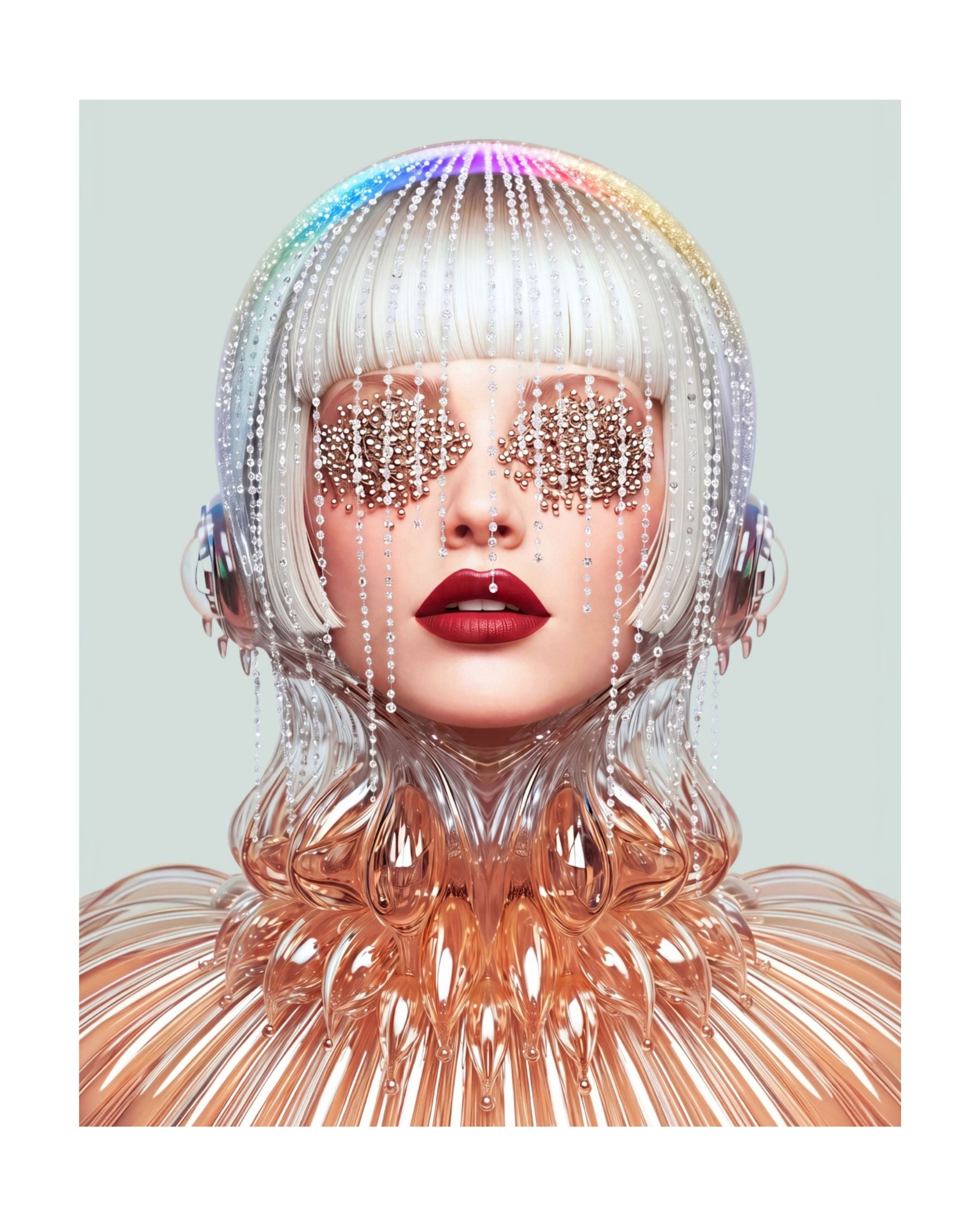 A stylized portrait artwork of a woman with a silver-white bob haircut, rainbow-colored beaded headband, rhinestone eye masks, red lipstick, and a metallic rose-gold ribbed top against a pale gray background.