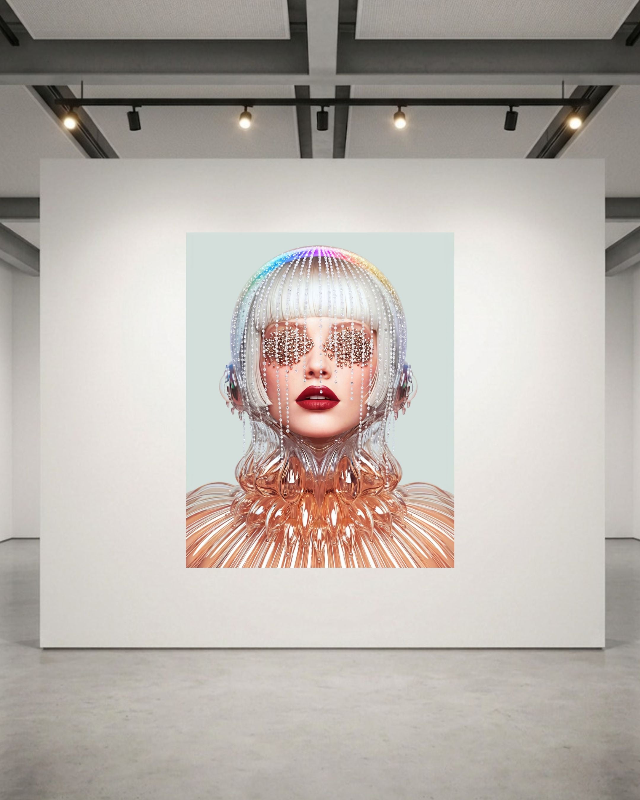 A large square wall art print displayed on a white gallery wall, featuring a stylized portrait of a woman with silver hair, metallic mesh sunglasses, and a reflective geometric collar against a pale blue background. The print is shown in a modern gallery space with track lighting and concrete floors.