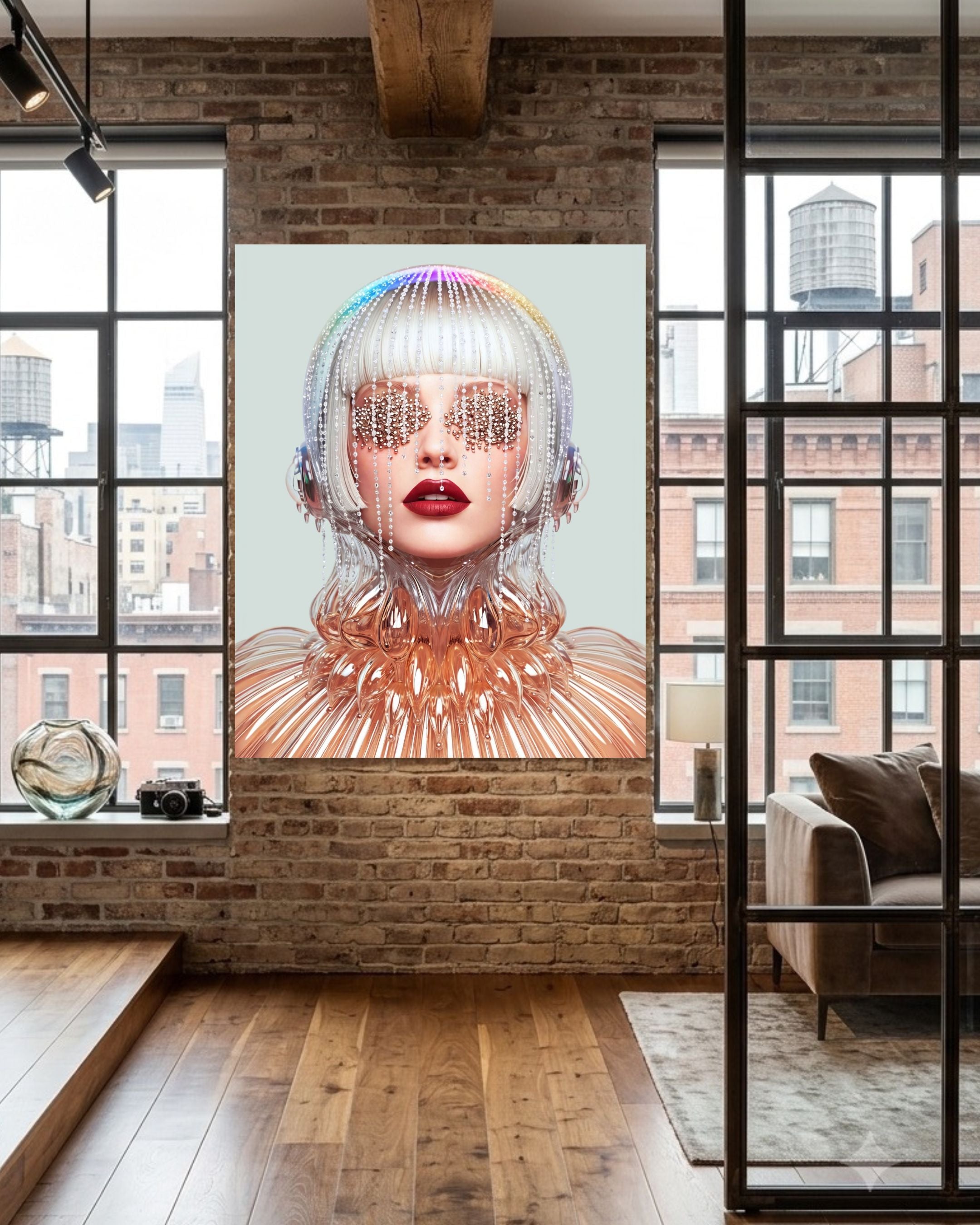 A large vertical wall art print featuring a surreal portrait of a woman with a metallic, wire-like head and glowing red lips, displayed on a brick wall in a modern loft room with wood floors and large windows.