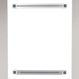 Two grey metallic hanging rails on a white background set on a grey wall.