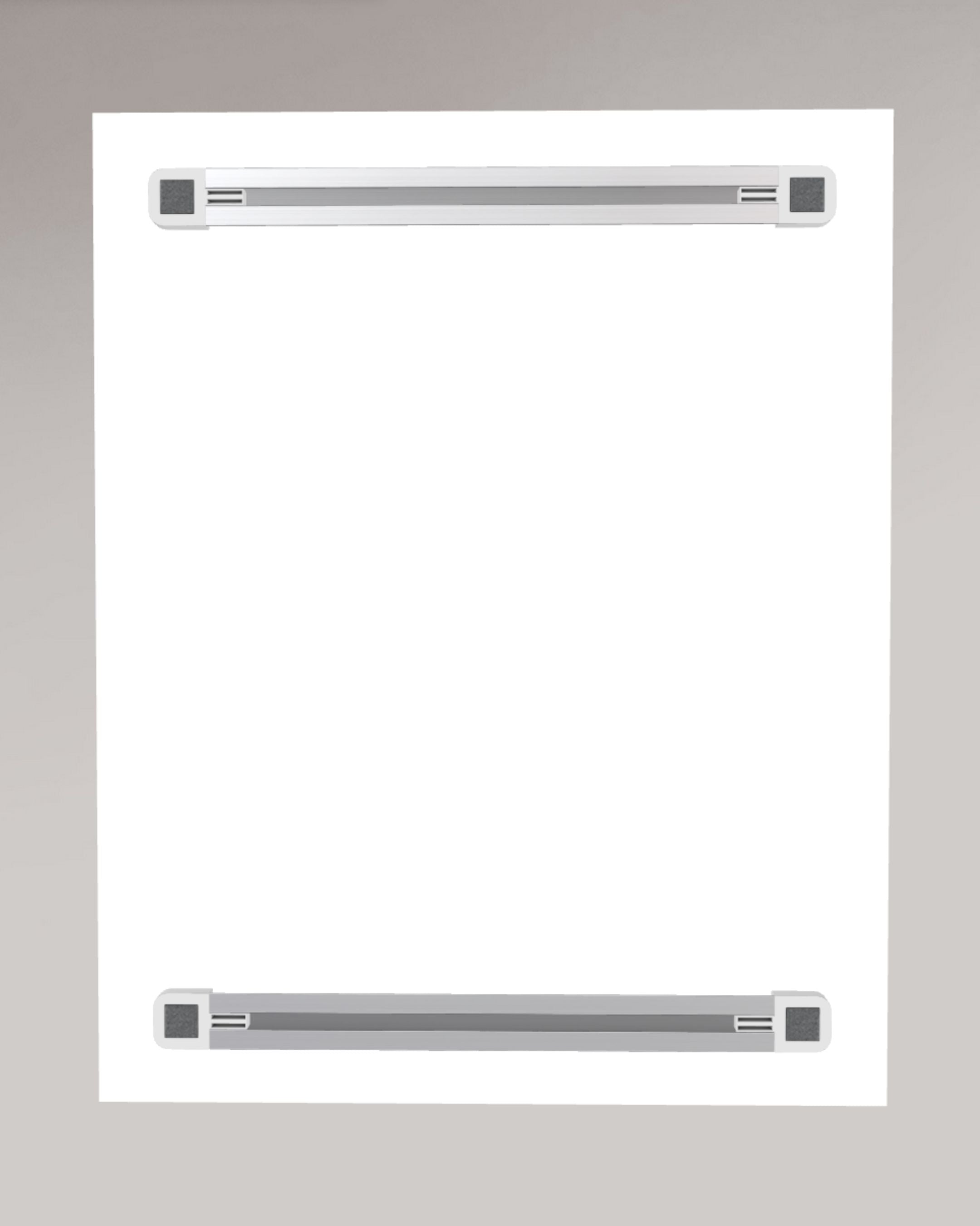 Two grey metallic hanging rails on a white background set on a grey wall.