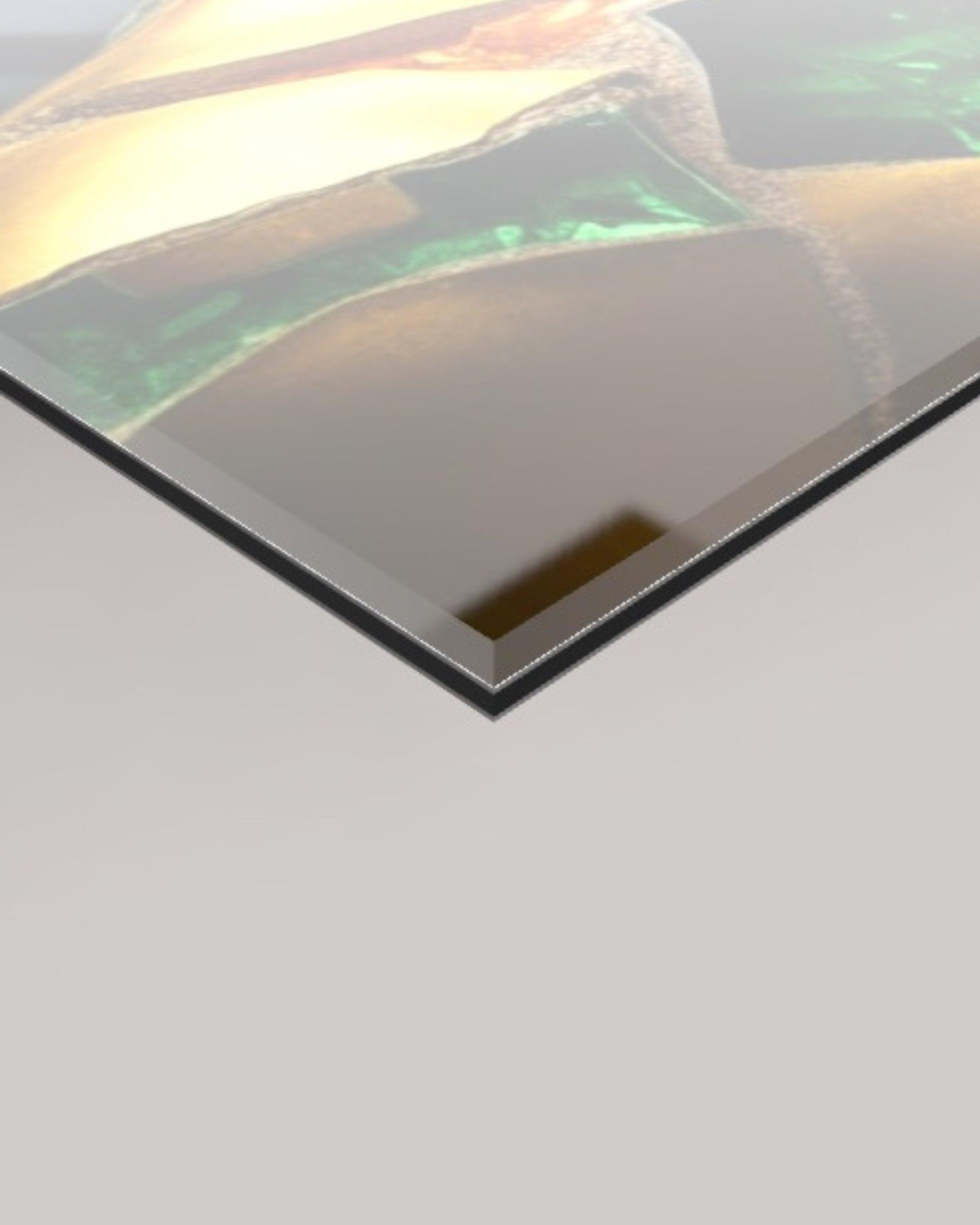 A close-up angled view of a 4mm glossy rectangular panel, showing details of the Karat artwork's surface with gold, green, and beige tones on a light grey background.