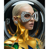 A close-up of a surreal portrait of a model with sleek platinum blonde hair wearing oversized sunglasses with a gold metal frame and large clear diamond pavé, star-shape diamonds earrings and ear cuff. The model's body is covered in gold with gold molten veins with green emeralds and blue sapphire embellishments. The scene is set in a flawless glass dome on a dark background. 