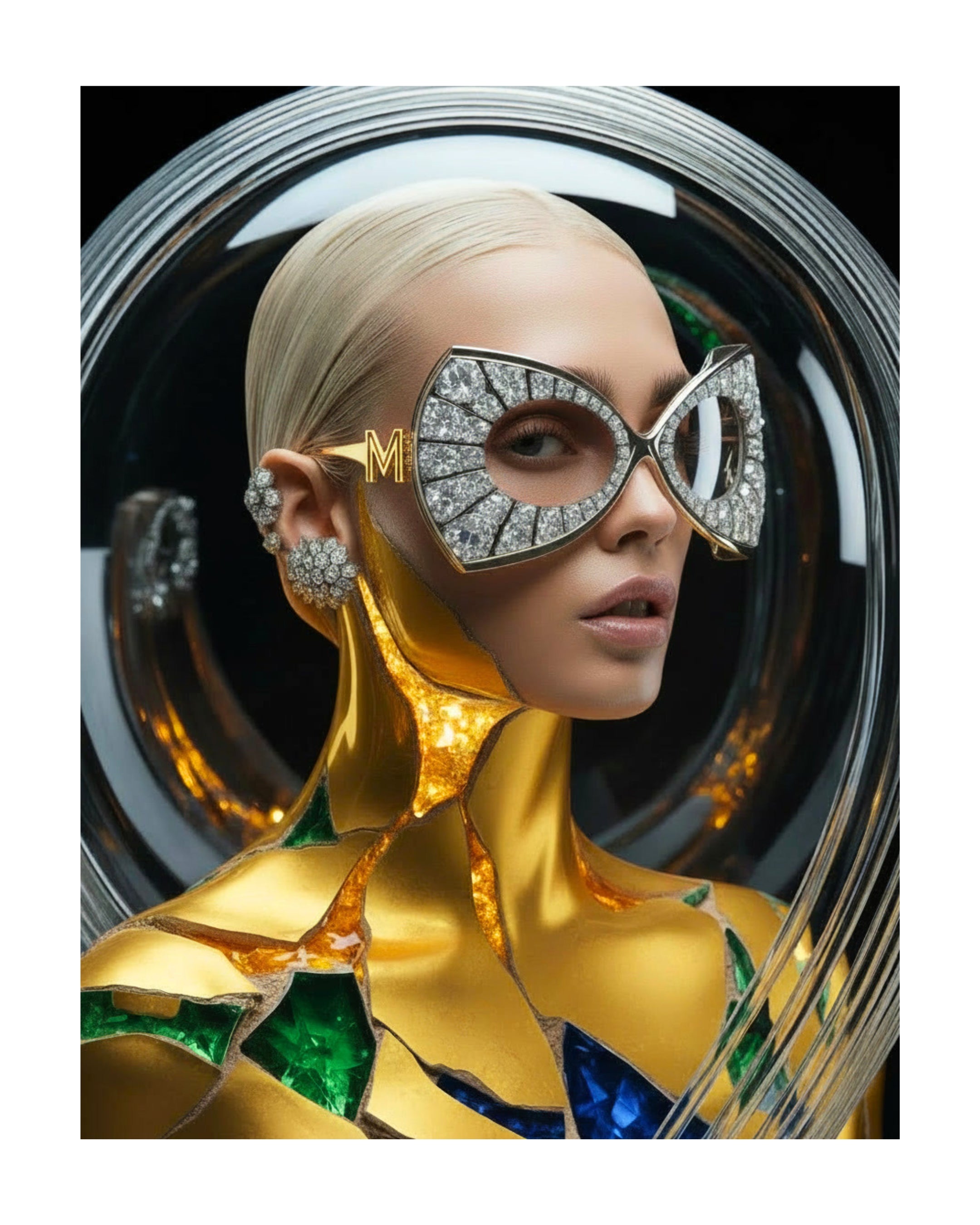 A close-up of a surreal portrait of a model with sleek platinum blonde hair wearing oversized sunglasses with a gold metal frame and large clear diamond pavé, star-shape diamonds earrings and ear cuff. The model's body is covered in gold with gold molten veins with green emeralds and blue sapphire embellishments. The scene is set in a flawless glass dome on a dark background. 