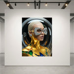A large wall art print displayed on a white gallery wall, featuring a stylized portrait of a woman with a metallic gold bodice and silver geometric eyewear with dazzling diamond pavé and gold M monogram. Diamonds earrings and ear cuffs completes the look. Model is encased in a glass orb set agains a dark circular background. The print is shown in a modern gallery space with track lighting and a concrete floor.