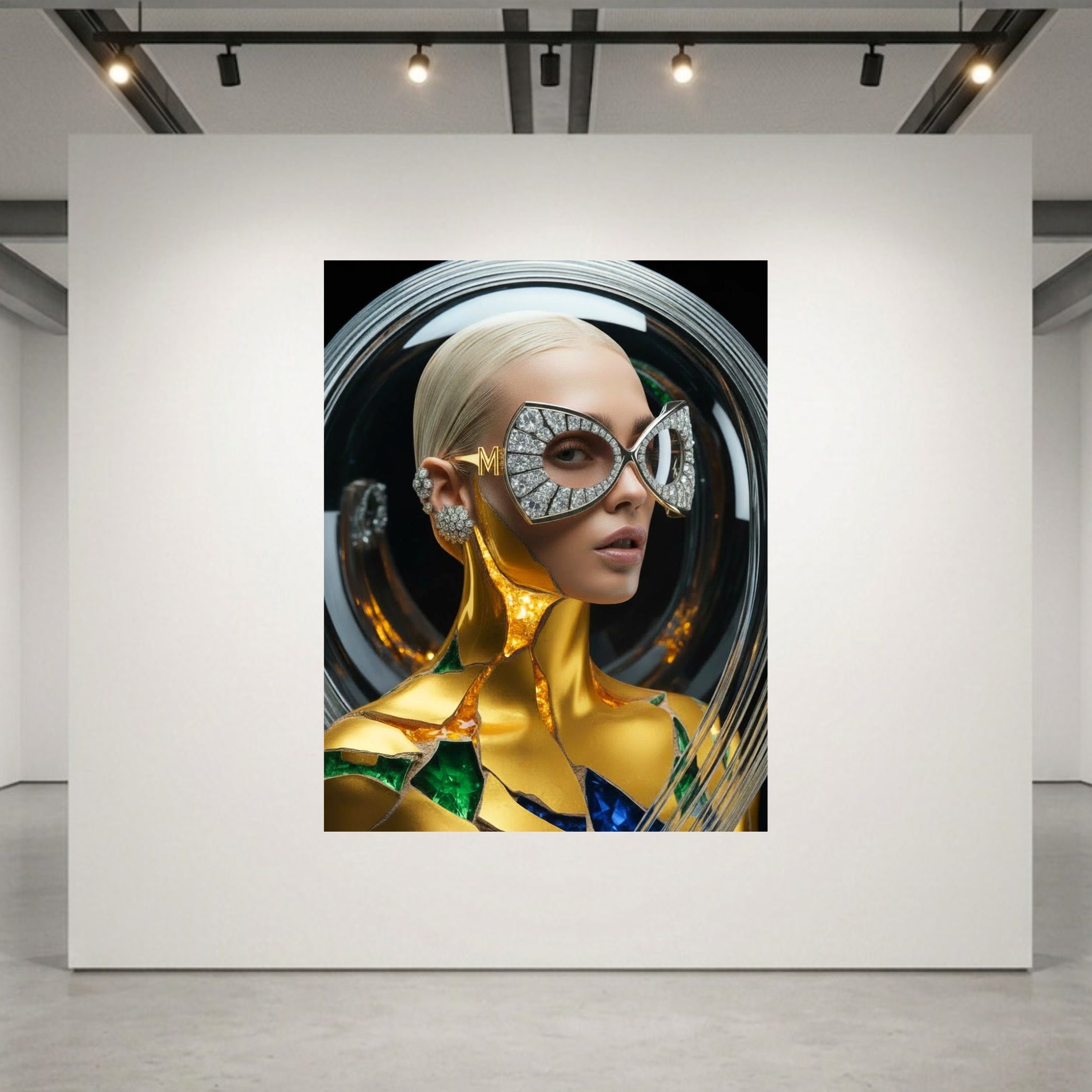 A large wall art print displayed on a white gallery wall, featuring a stylized portrait of a woman with a metallic gold bodice and silver geometric eyewear with dazzling diamond pavé and gold M monogram. Diamonds earrings and ear cuffs completes the look. Model is encased in a glass orb set agains a dark circular background. The print is shown in a modern gallery space with track lighting and a concrete floor.