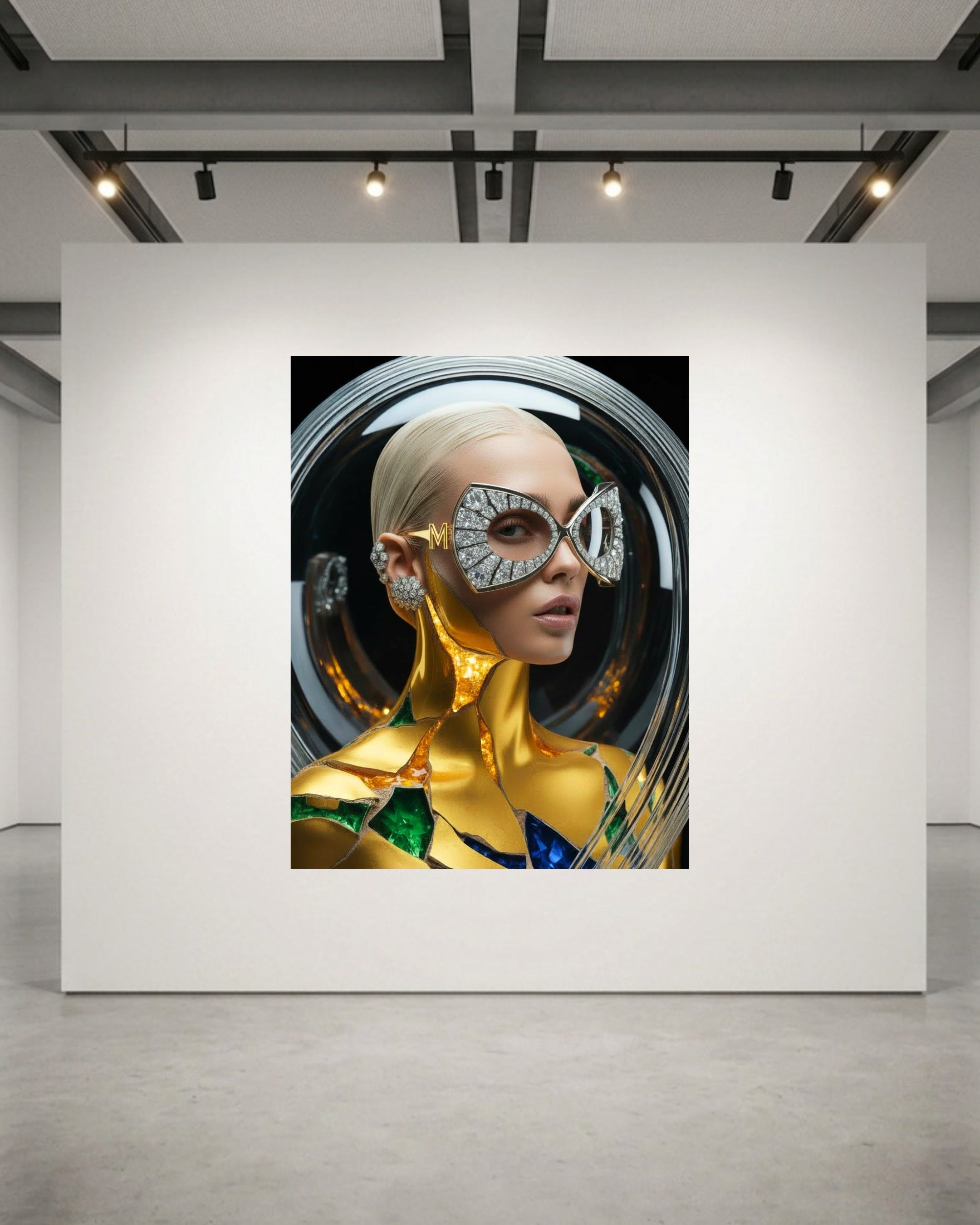 A large wall art print displayed on a white gallery wall, featuring a stylized portrait of a woman with a metallic gold bodice and silver geometric eyewear with dazzling diamond pavé and gold M monogram. Diamonds earrings and ear cuffs completes the look. Model is encased in a glass orb set agains a dark circular background. The print is shown in a modern gallery space with track lighting and a concrete floor.