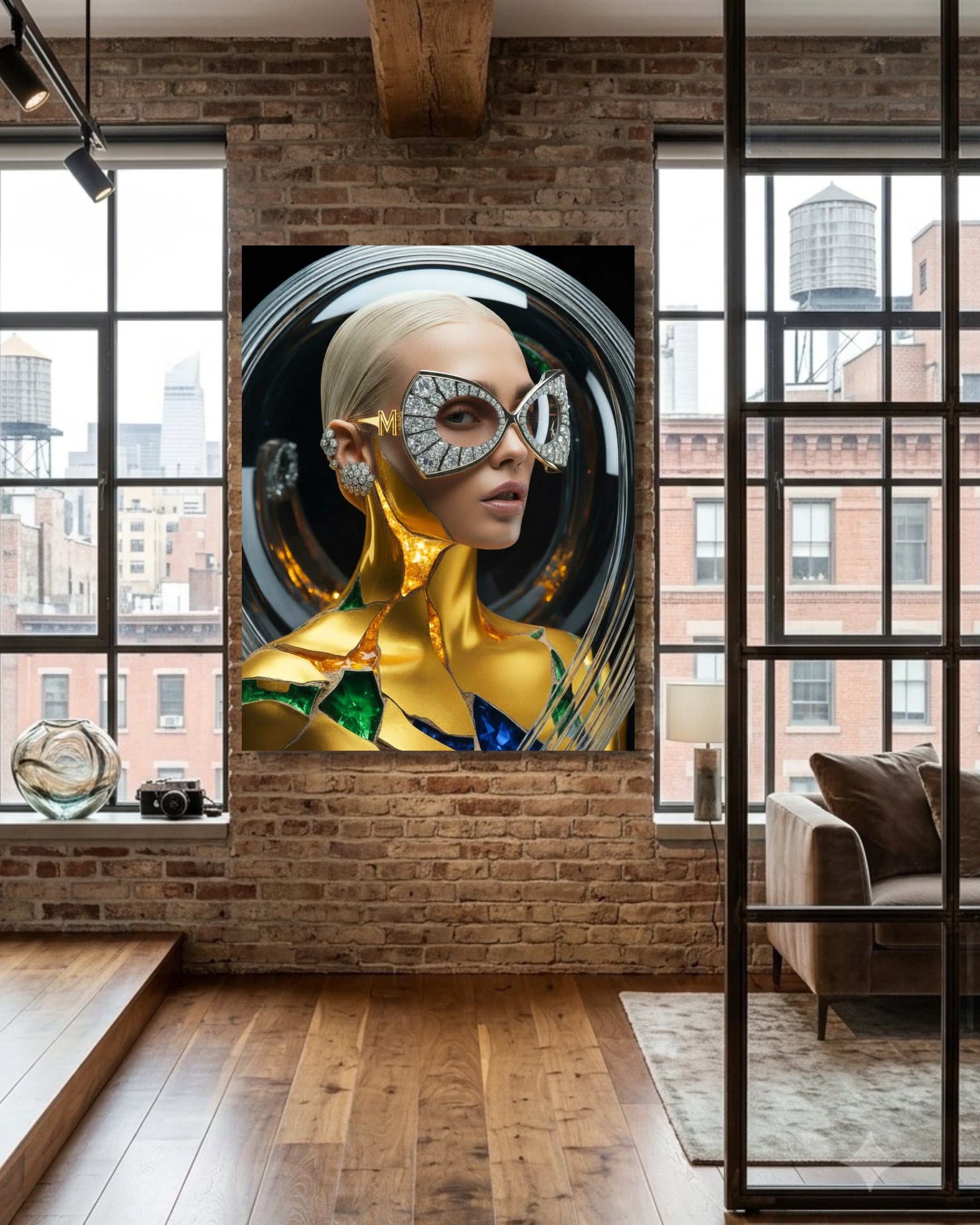 A large framed wall art featuring a stylized portrait of a woman wearing metallic gold and silver futuristic diamond eyewear, earrings and ear cuff. Her body is covered in gold with sapphires and emeralds accents. Scene is displayed on a brick wall in a modern loft interior with wood floors and large windows. 