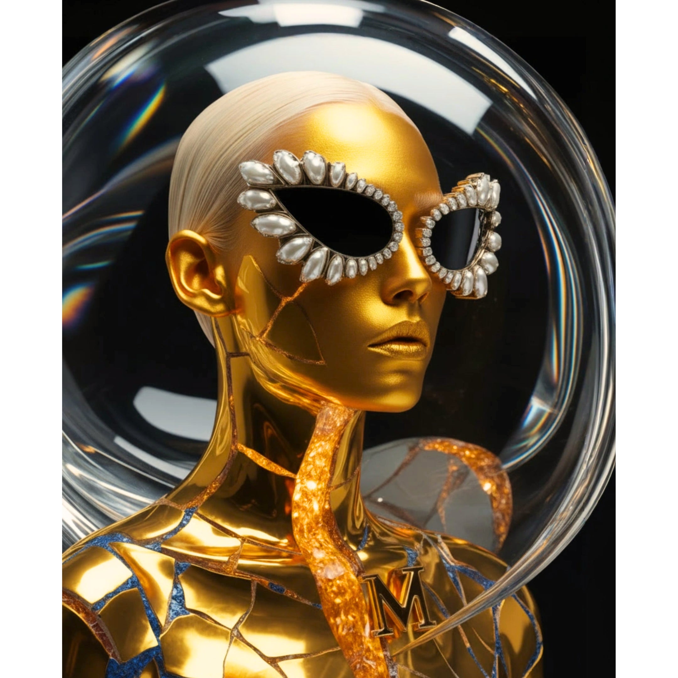 MizDragonfly Kintsugi Series: 'Resilience" Digital Haute Couture fine art focusing on the intricate gold kintsugi textures and high-fidelity 24K gold leaf and gemstone details
