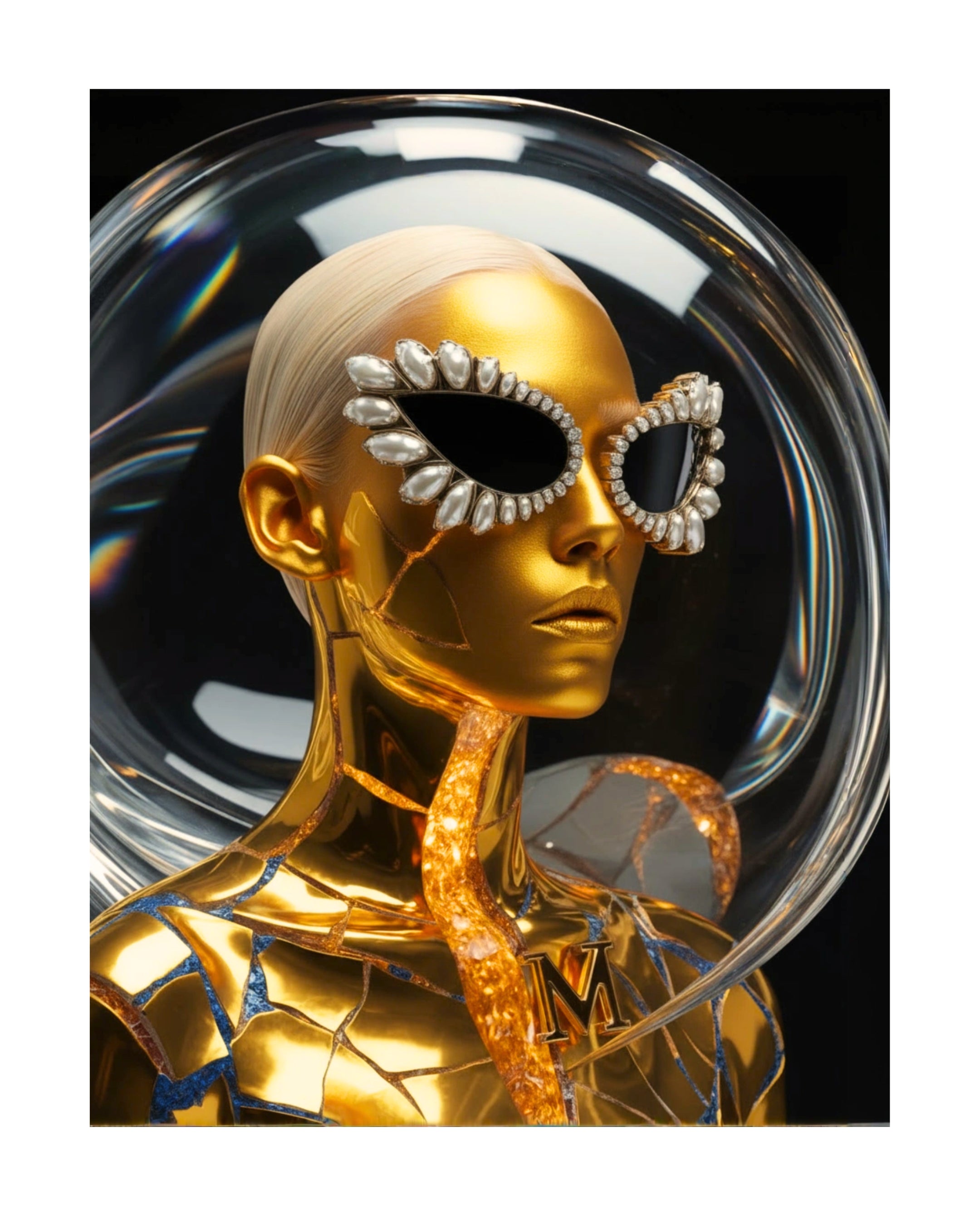 MizDragonfly Kintsugi Series: 'Resilience" Digital Haute Couture fine art focusing on the intricate gold kintsugi textures and high-fidelity 24K gold leaf and gemstone details