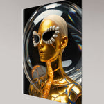 MizDragonfly Kintsugi Series: Digital Haute Couture fine art exploring the theme of metamorphosis through futuristic eyewear and metallic skin textures with model nestled in glass dome