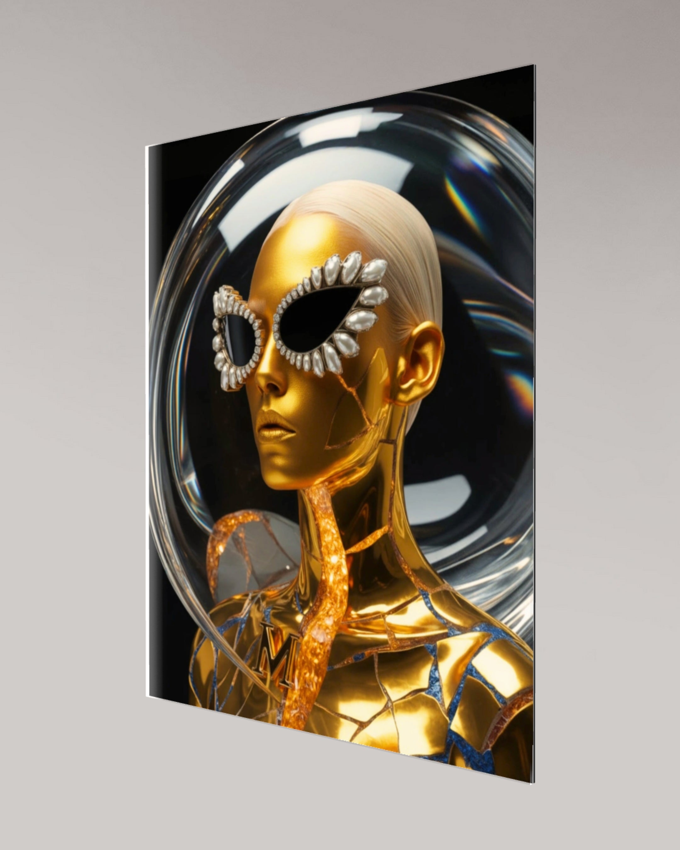 MizDragonfly Kintsugi Series: Digital Haute Couture fine art exploring the theme of metamorphosis through futuristic eyewear and metallic skin textures with model nestled in glass dome
