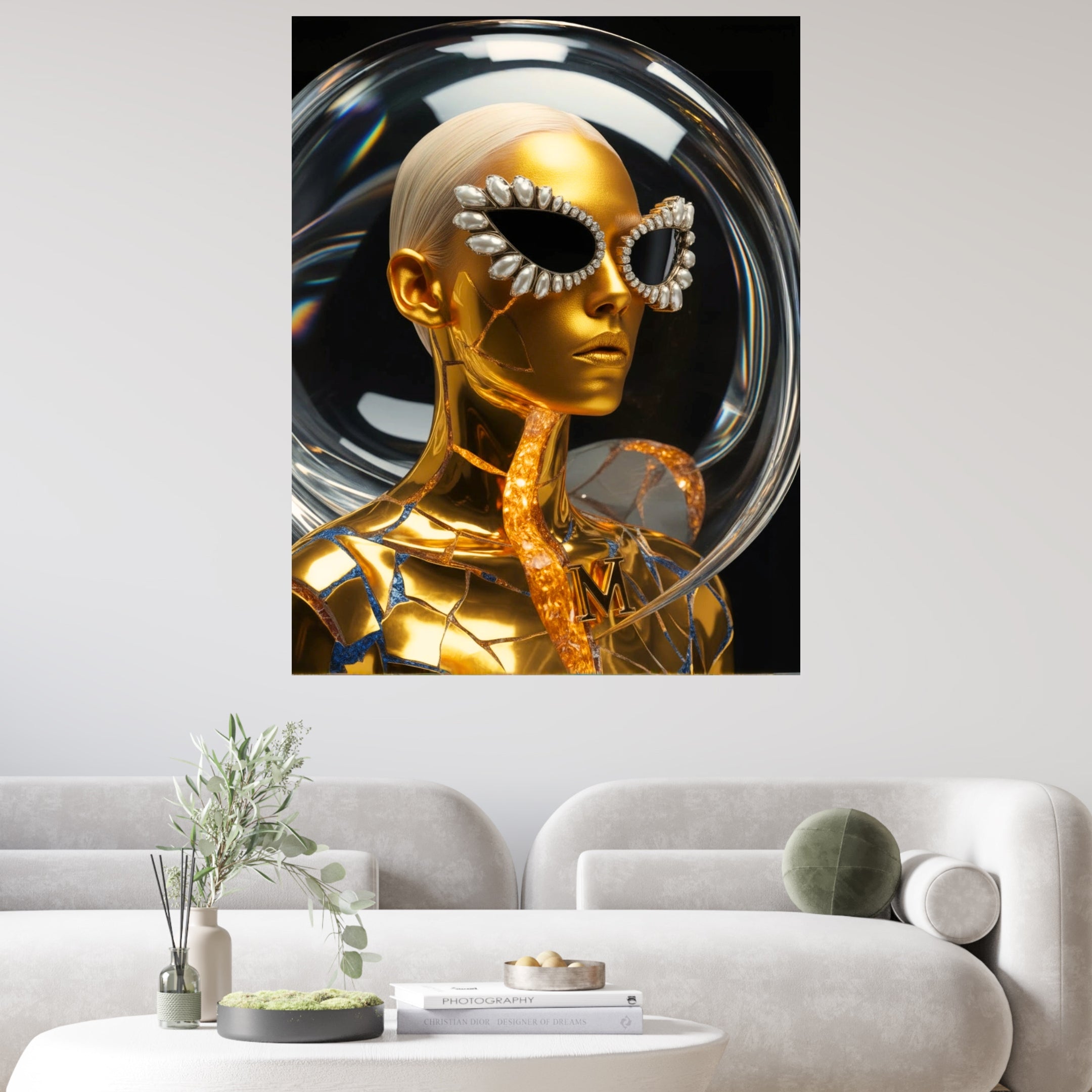 MizDragonfly Kintsugi Series: Digital Haute Couture Resilience fine art showcasing sculptural gemstones and luxury jewelry craftsmanship integrated into AI surrealism artwork on a living room wall