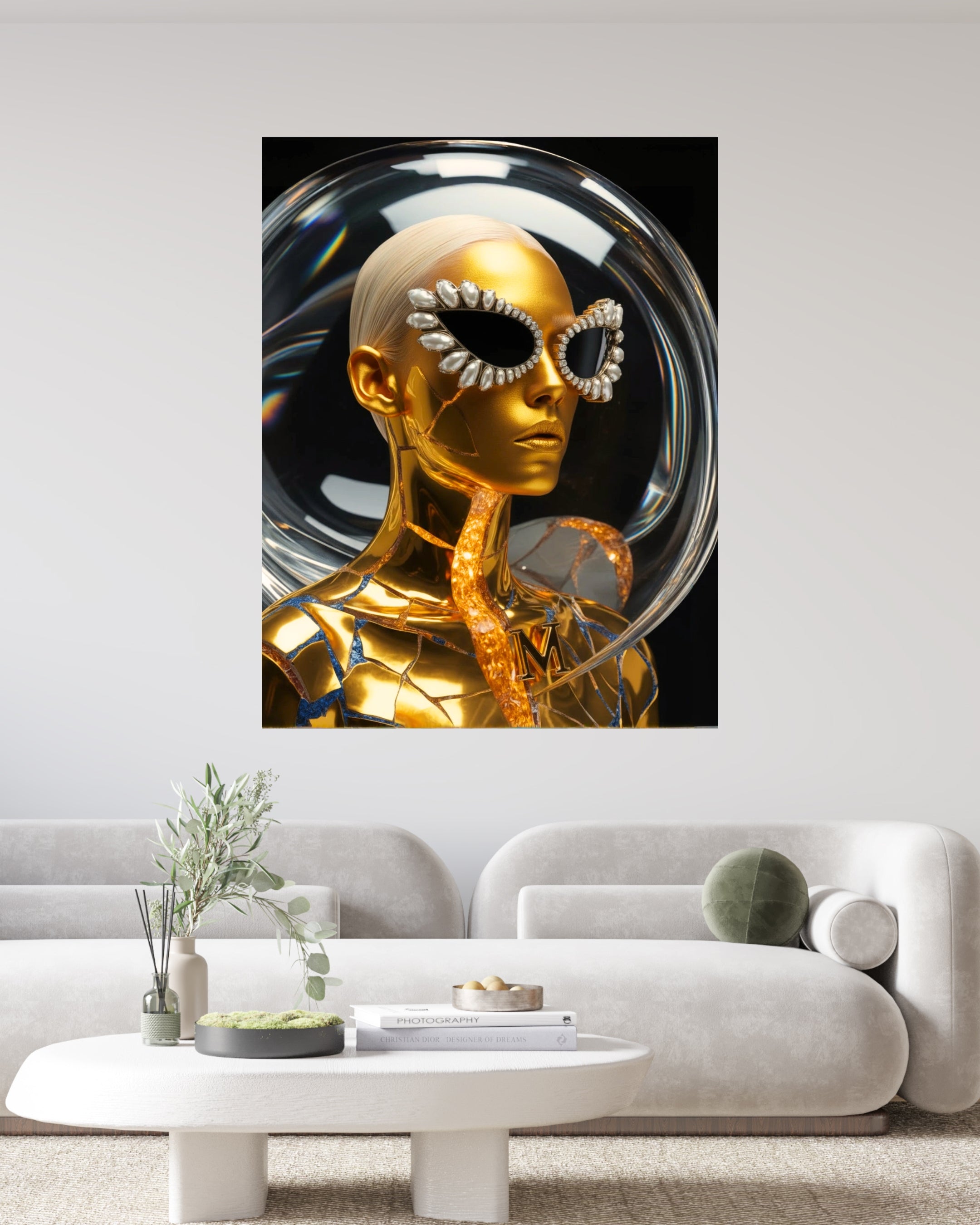 MizDragonfly Kintsugi Series: Digital Haute Couture Resilience fine art showcasing sculptural gemstones and luxury jewelry craftsmanship integrated into AI surrealism artwork on a living room wall