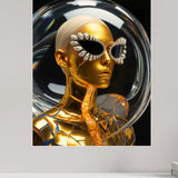 
MizDragonfly Kintsugi Series: Digital Haute Couture fine art displaying sculptural 24K gold armour and the structural elegance of futuristic fashion design with model wearing peal sunglasses