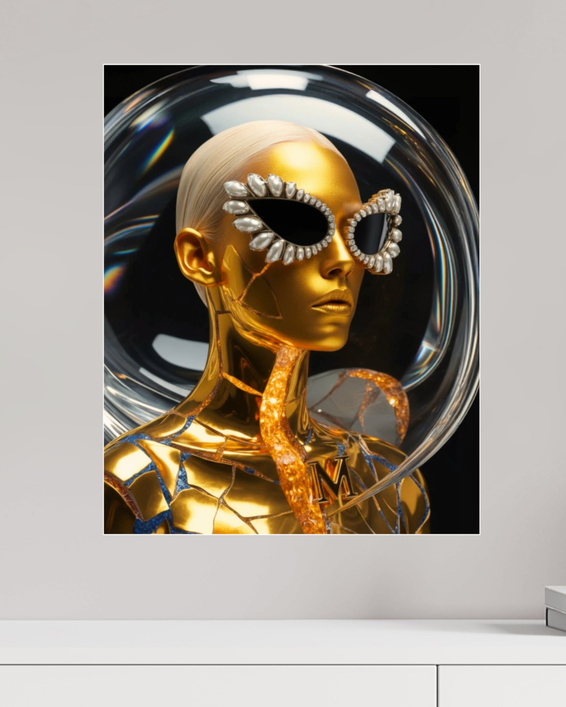 
MizDragonfly Kintsugi Series: Digital Haute Couture fine art displaying sculptural 24K gold armour and the structural elegance of futuristic fashion design with model wearing peal sunglasses