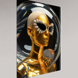 MizDragonfly Kintsugi Series: Digital Haute Couture Resilience fine art highlighting iridescent liquid backgrounds and the ethereal light play of generative surrealism of a model in gold wearing pearl sunglasses