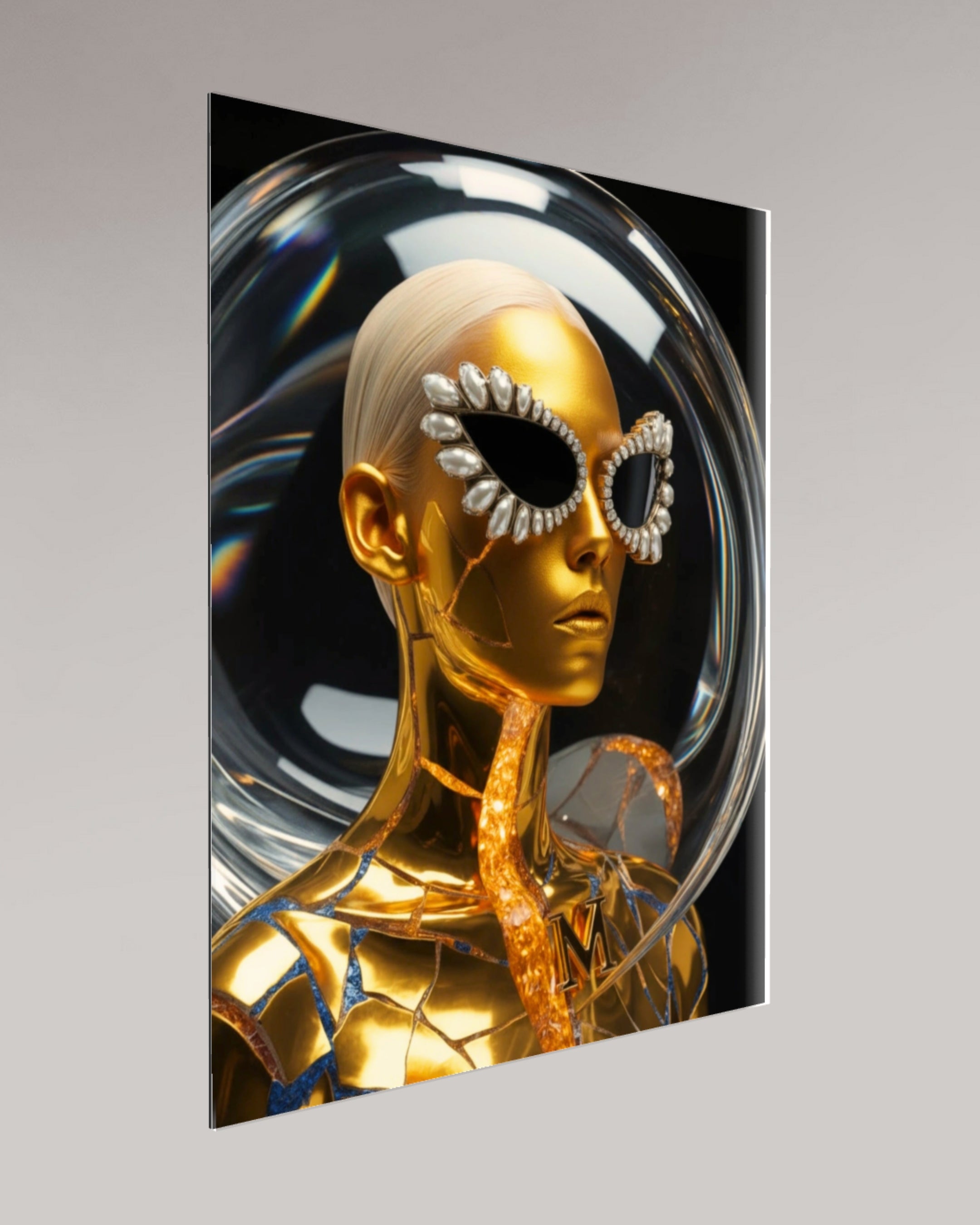 MizDragonfly Kintsugi Series: Digital Haute Couture Resilience fine art highlighting iridescent liquid backgrounds and the ethereal light play of generative surrealism of a model in gold wearing pearl sunglasses