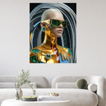 MizDragonfly Kintsugi Series: Digital Haute Couture fine art showcasing sculptural emerald gemstones and luxury jewelry craftsmanship integrated into AI surrealism artwork on a living room wall