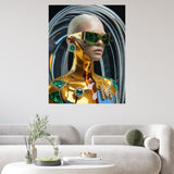 MizDragonfly Kintsugi Series: Digital Haute Couture fine art showcasing sculptural emerald gemstones and luxury jewelry craftsmanship integrated into AI surrealism artwork on a living room wall
