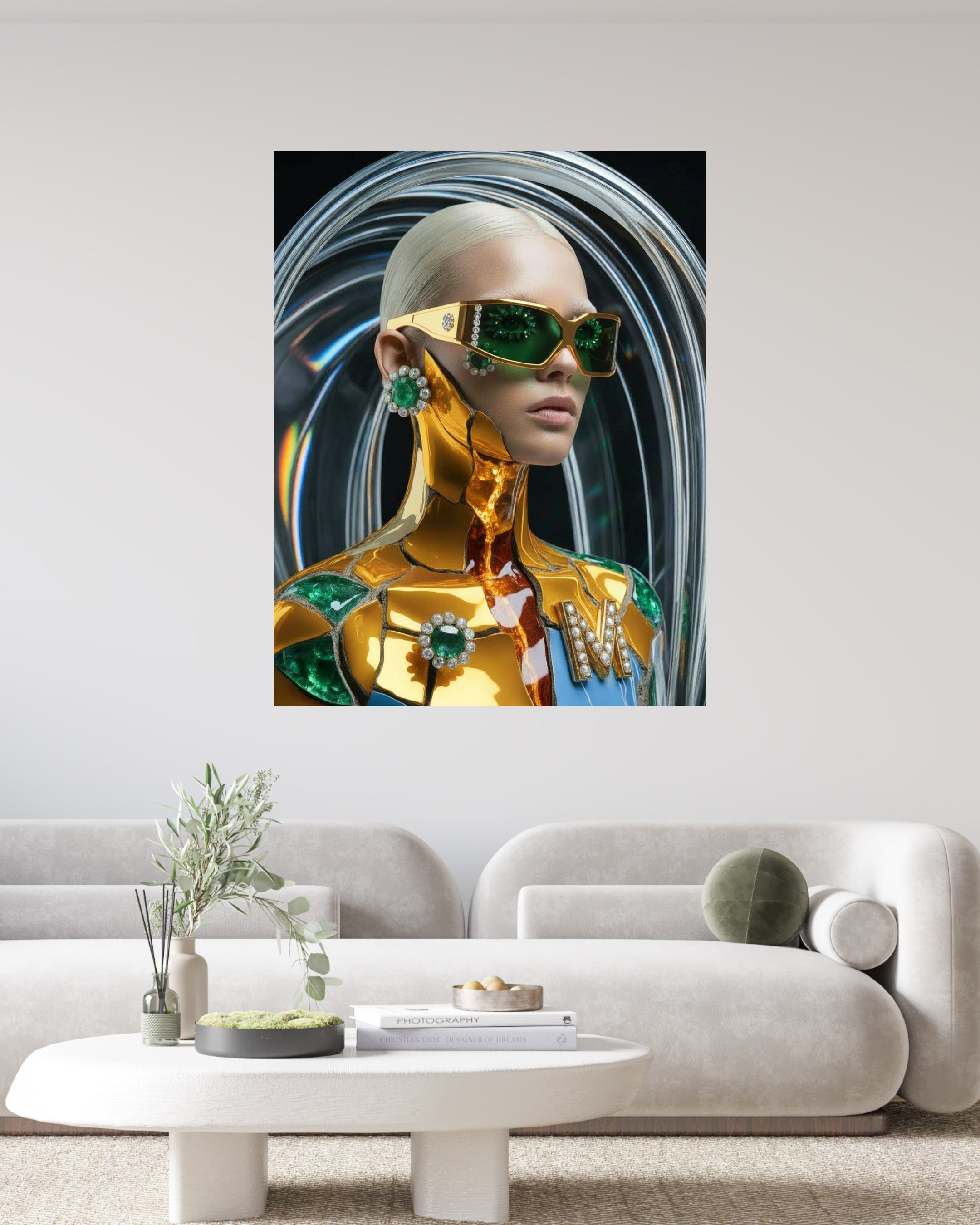 MizDragonfly Kintsugi Series: Digital Haute Couture fine art showcasing sculptural emerald gemstones and luxury jewelry craftsmanship integrated into AI surrealism artwork on a living room wall