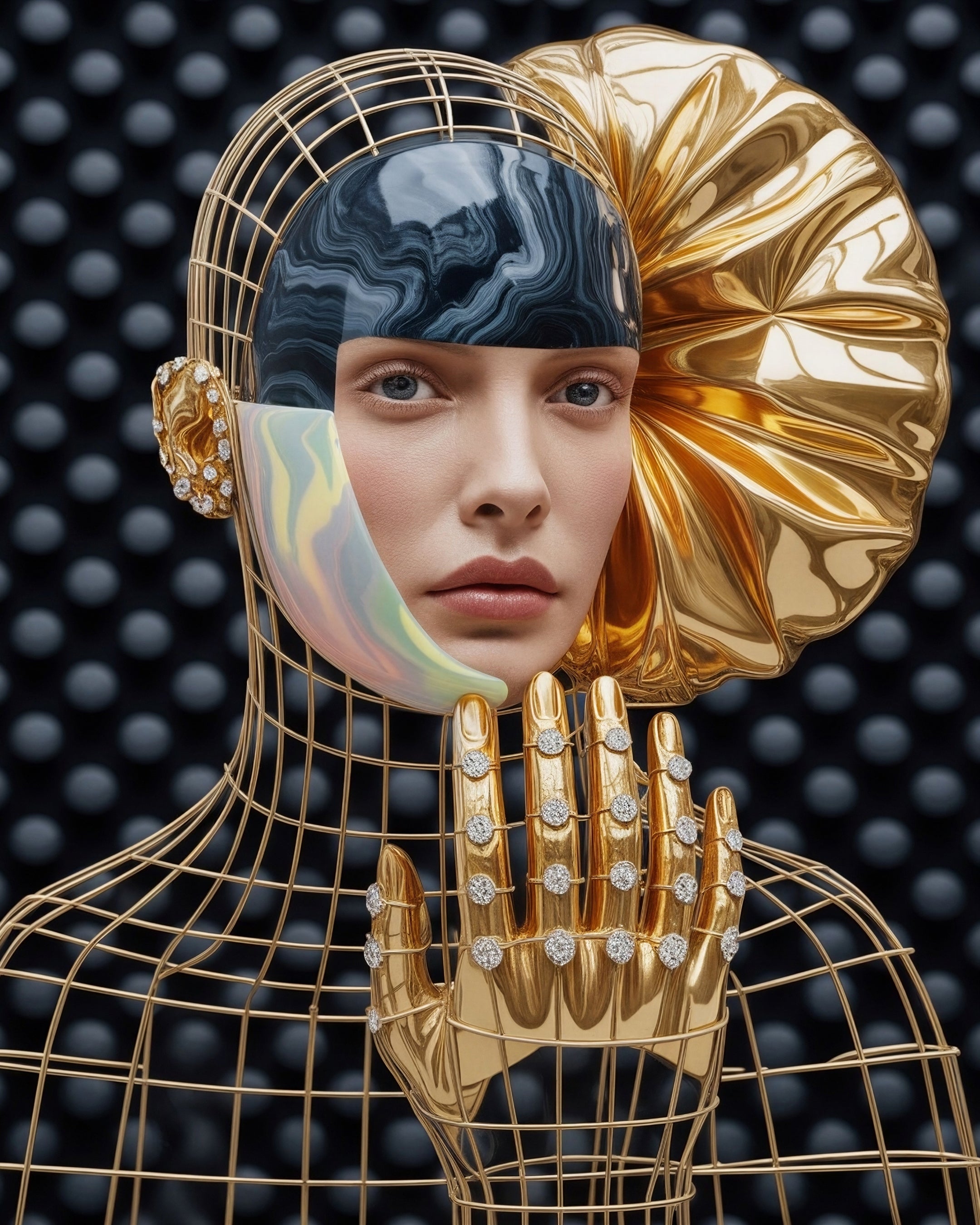 A stylized portrait of a woman's face integrated into a metallic gold wireframe bust, with a large gold fan-like headpiece, a dark marbled head covering, iridescent skin on one cheek, and diamond-like embellishments on the hand against a dark patterned background.