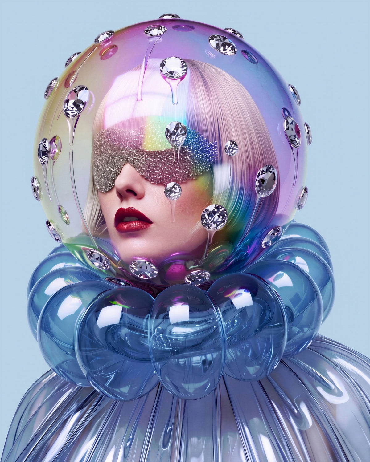 A stylized portrait of a woman wearing a large iridescent dome helmet with embedded clear gem-like accents, a glittery eye mask, and a translucent blue bubble collar against a pale blue background.