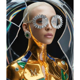 A stylized portrait of a person with platinum-blonde hair wearing distinctive silver sunburst-shaped eyewear and matching green-and-silver earrings, set against a dark background with iridescent circular glass-like forms.